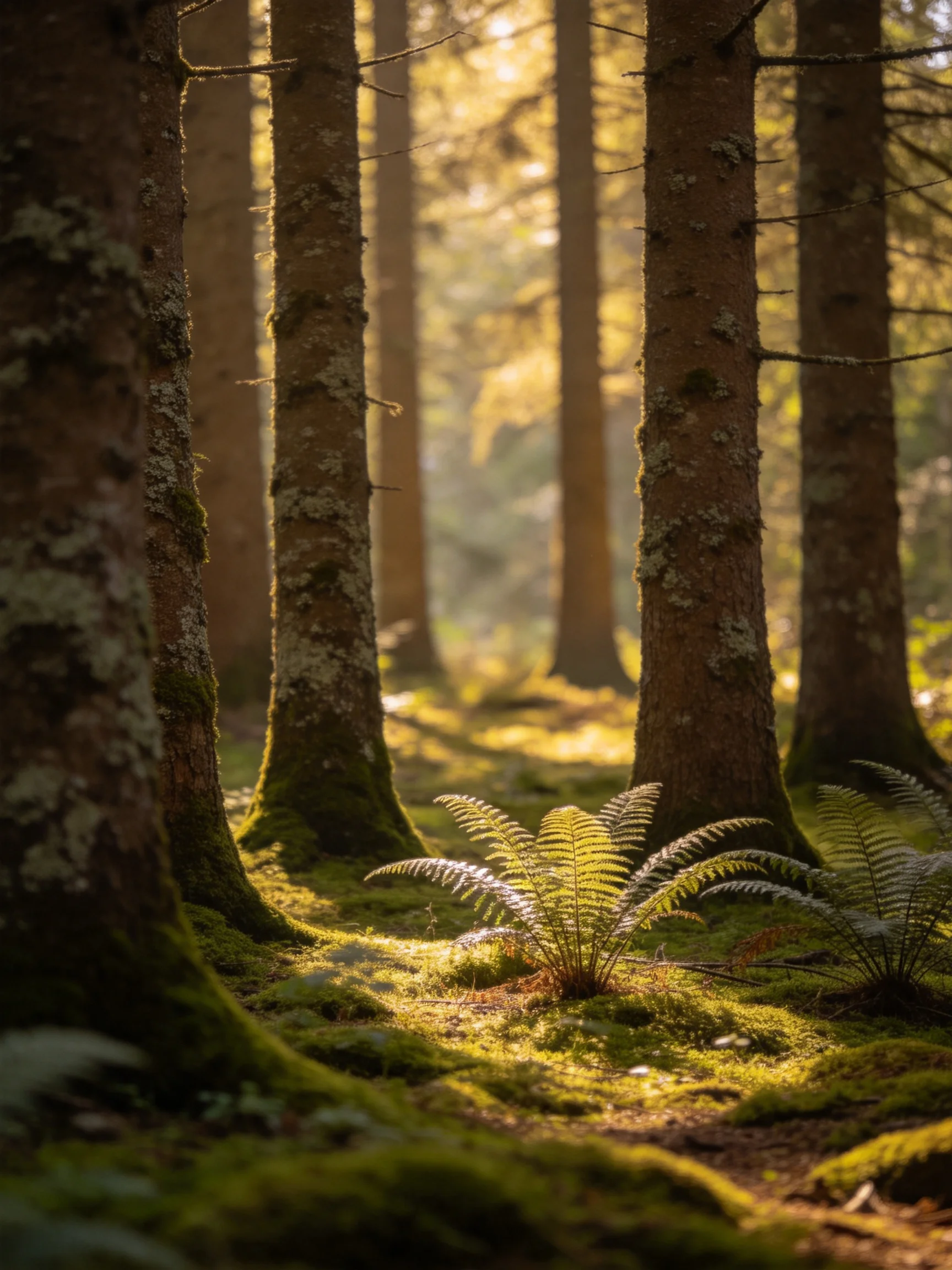 Dense forest with tall tree trunks, mossy ground, and ferns