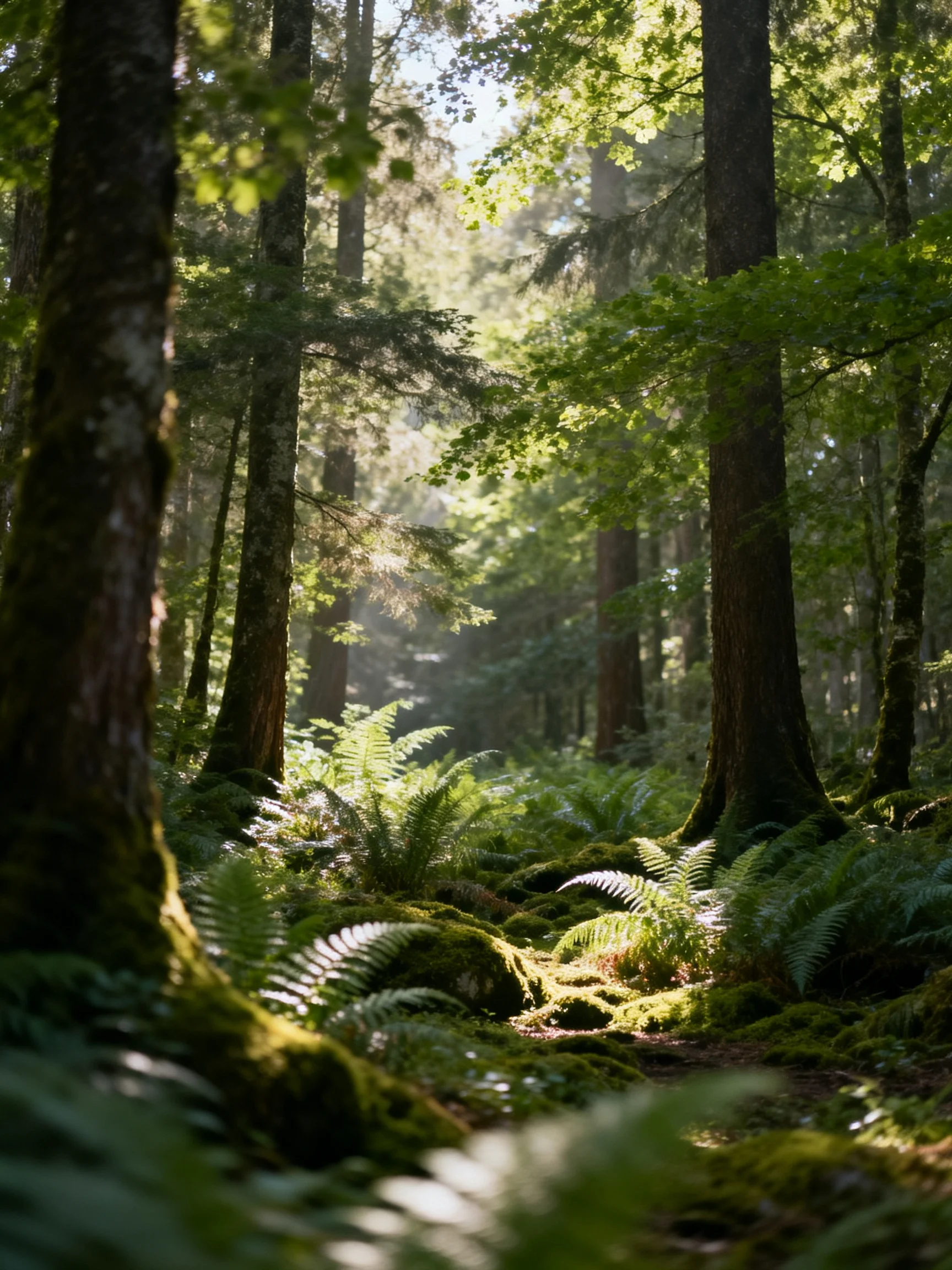 Dense forest with tall trees, lush ferns, and mossy ground