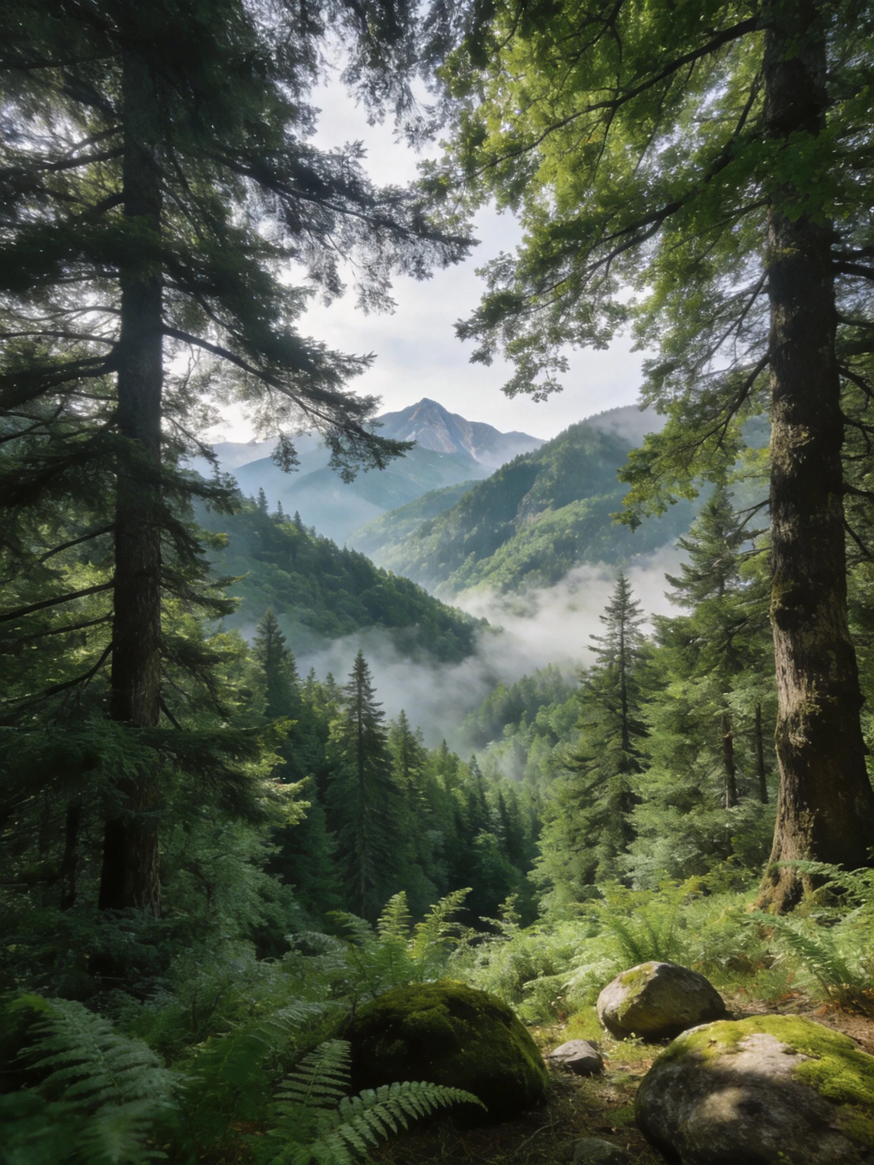 Dense forest with towering trees and misty mountain backdrop