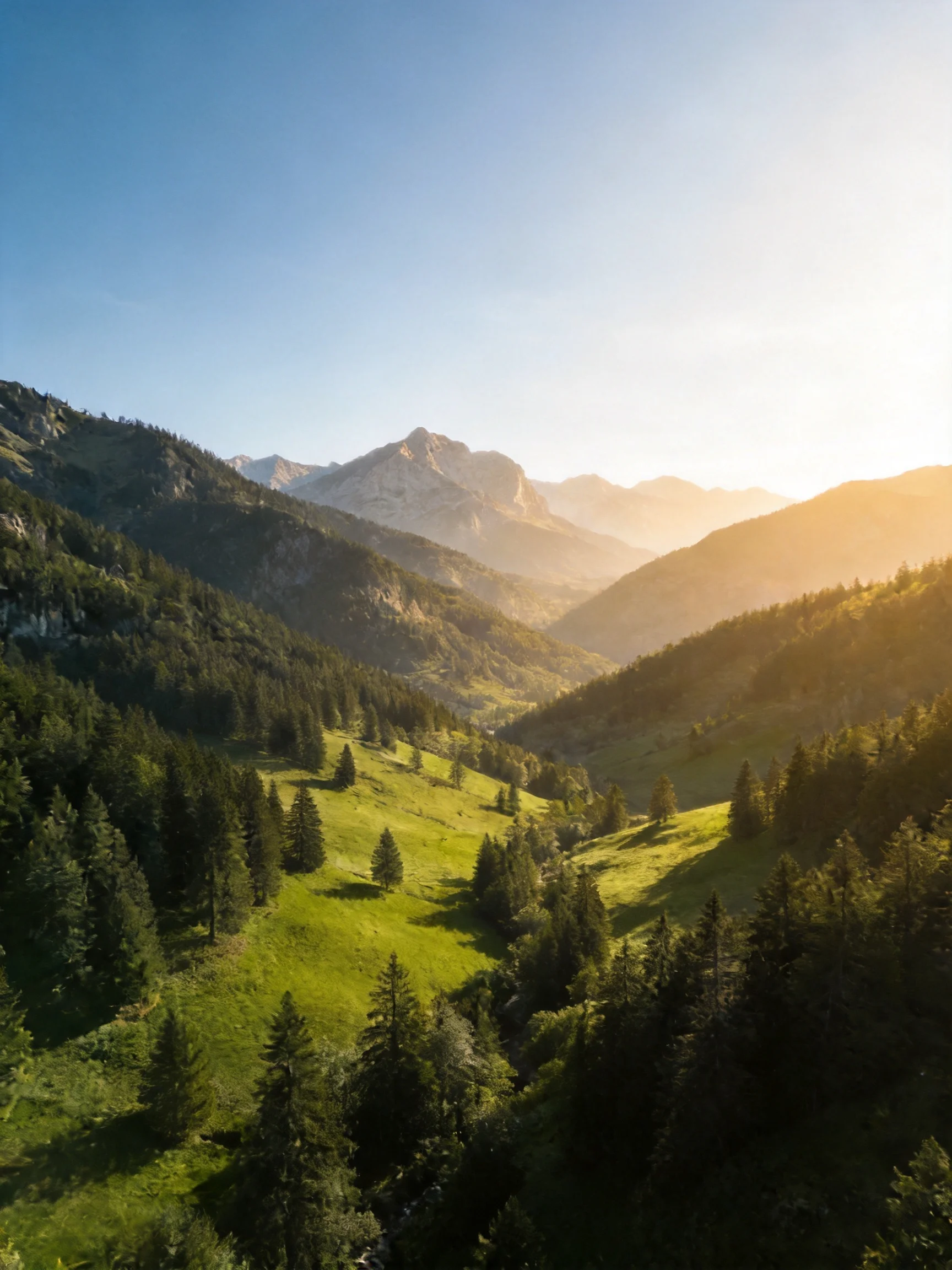Dense forested mountain valley with golden sunlight