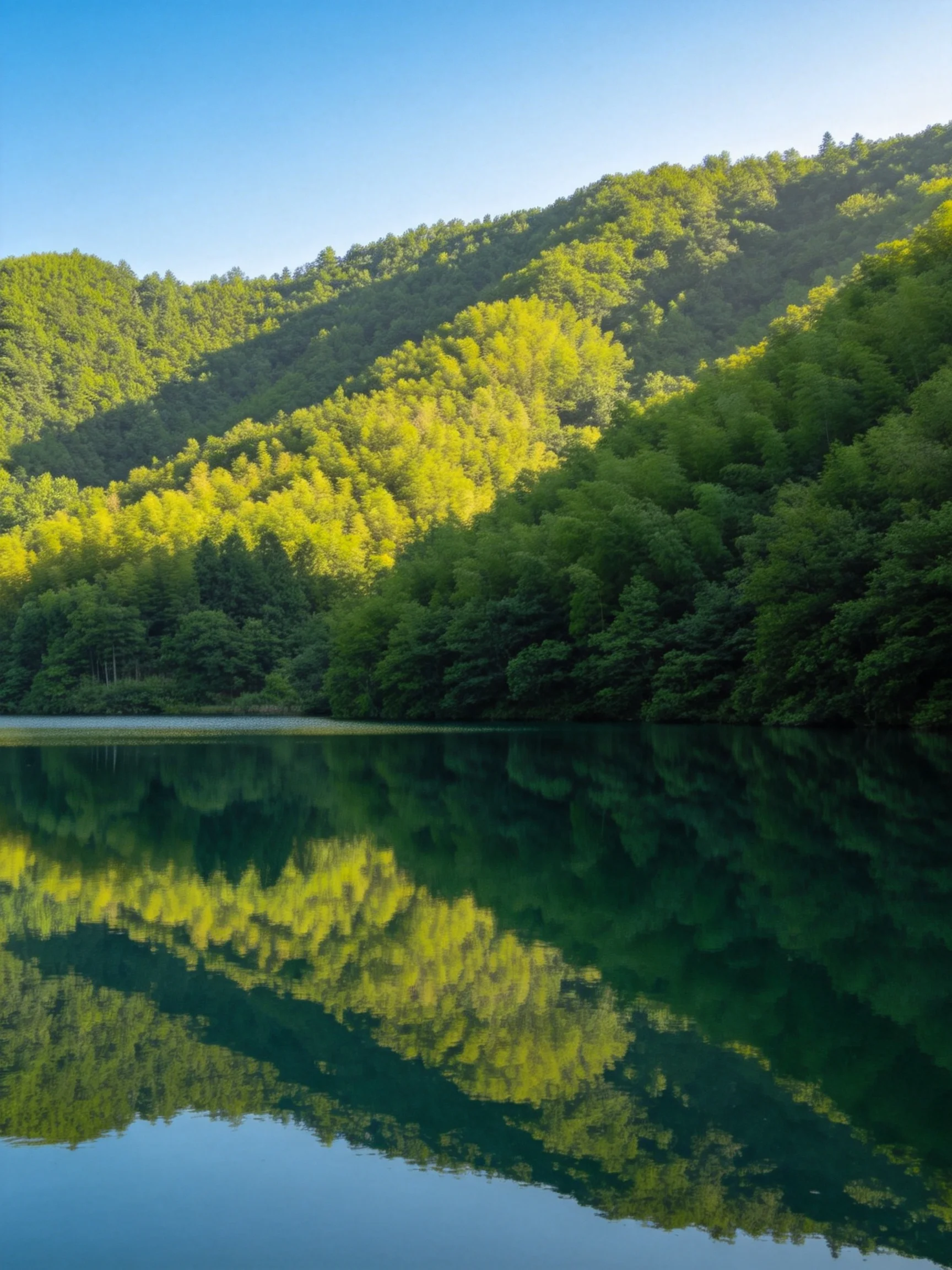 Dense green forests and sloped mountains reflected in a calm lake
