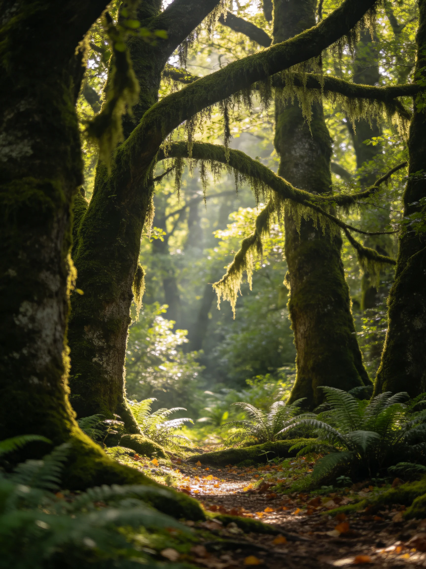 Dense moss-covered ancient trees form a sunlit forest archway