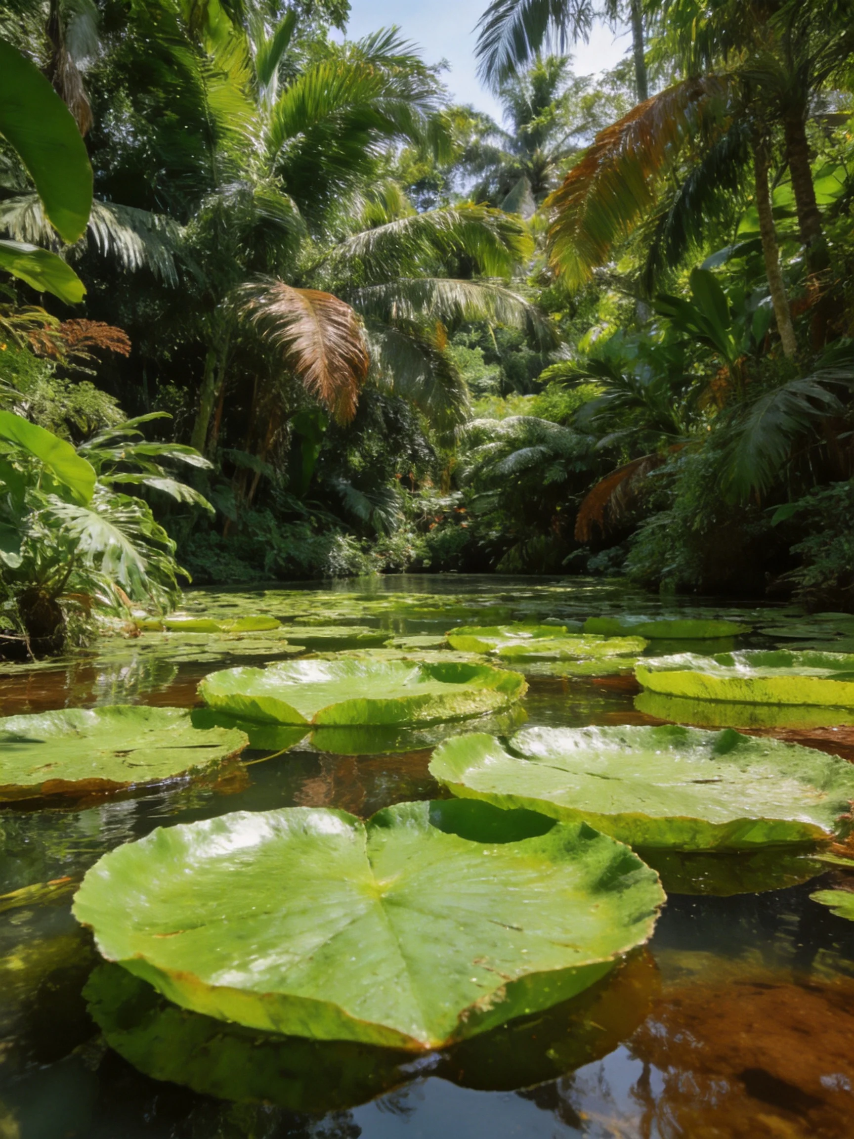 Dense tropical jungle with large green lily pads on calm water