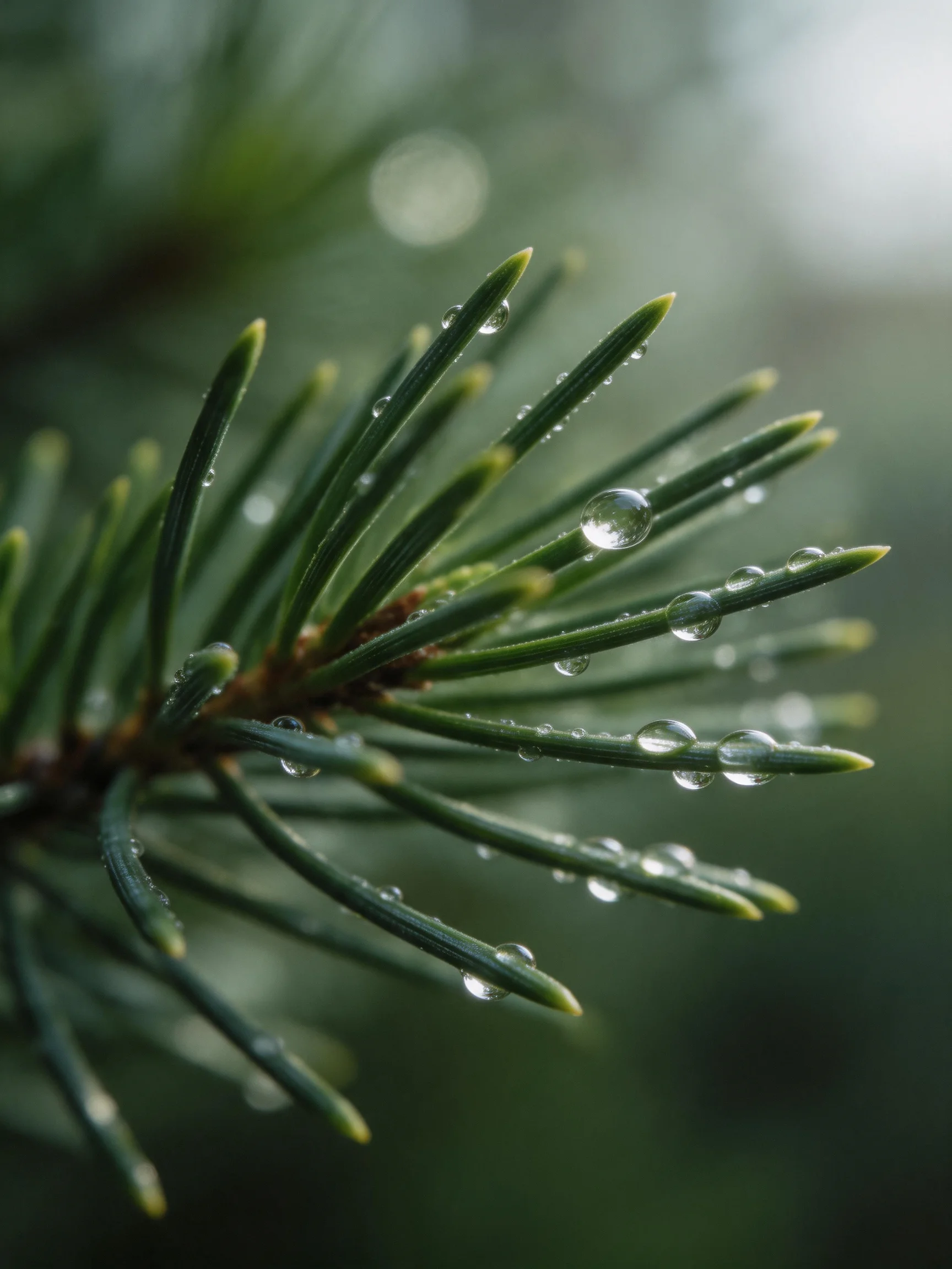 Detailed View of Pine Needles with Water Droplets