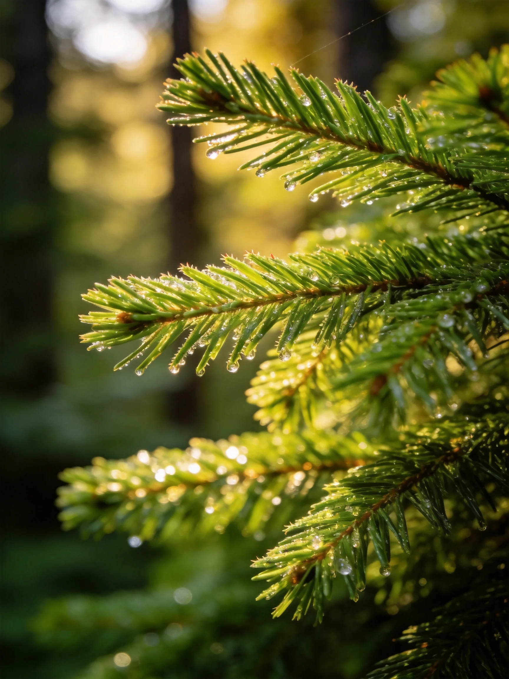 Dew-Capped Pine Needles Glisten Amidst Sunlit Forest Greens