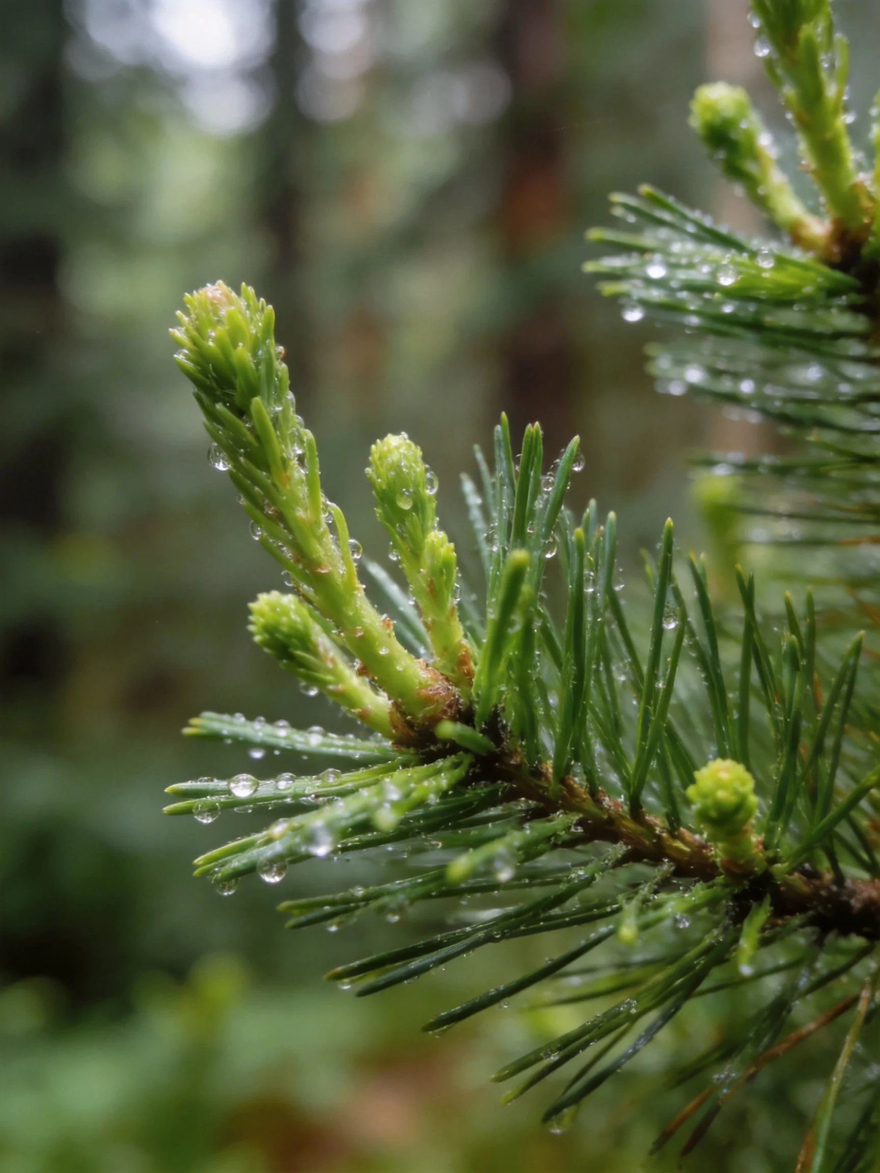 Dew-Covered Green Pine Buds and Needles in a Forest