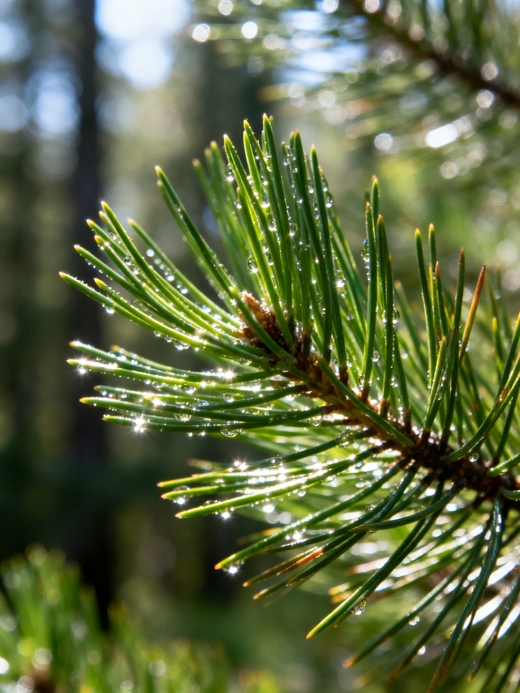 Dew-Covered Pine Needles Glisten in Golden Sunlight