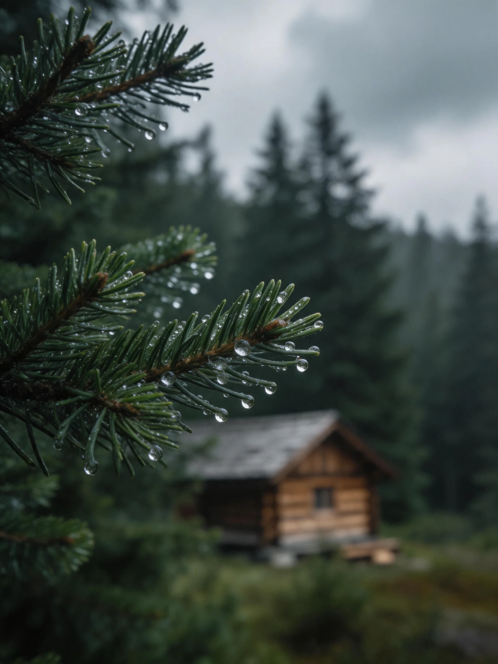 Dew-Covered Pine Needles Near a Wooden Cabin in a Misty Forest