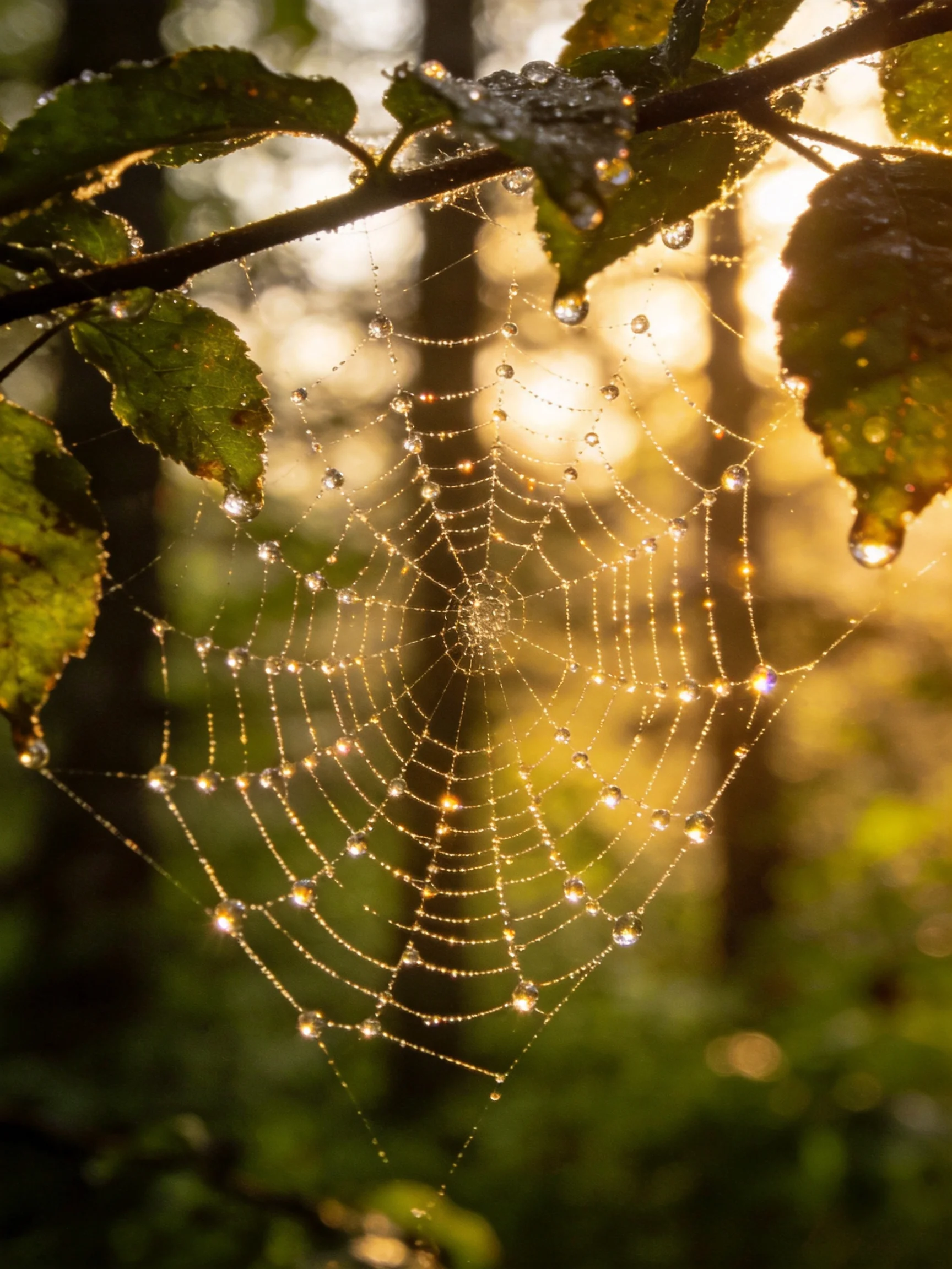 Dew-Covered Spider Web Among Green Foliage in Golden Morning Light
