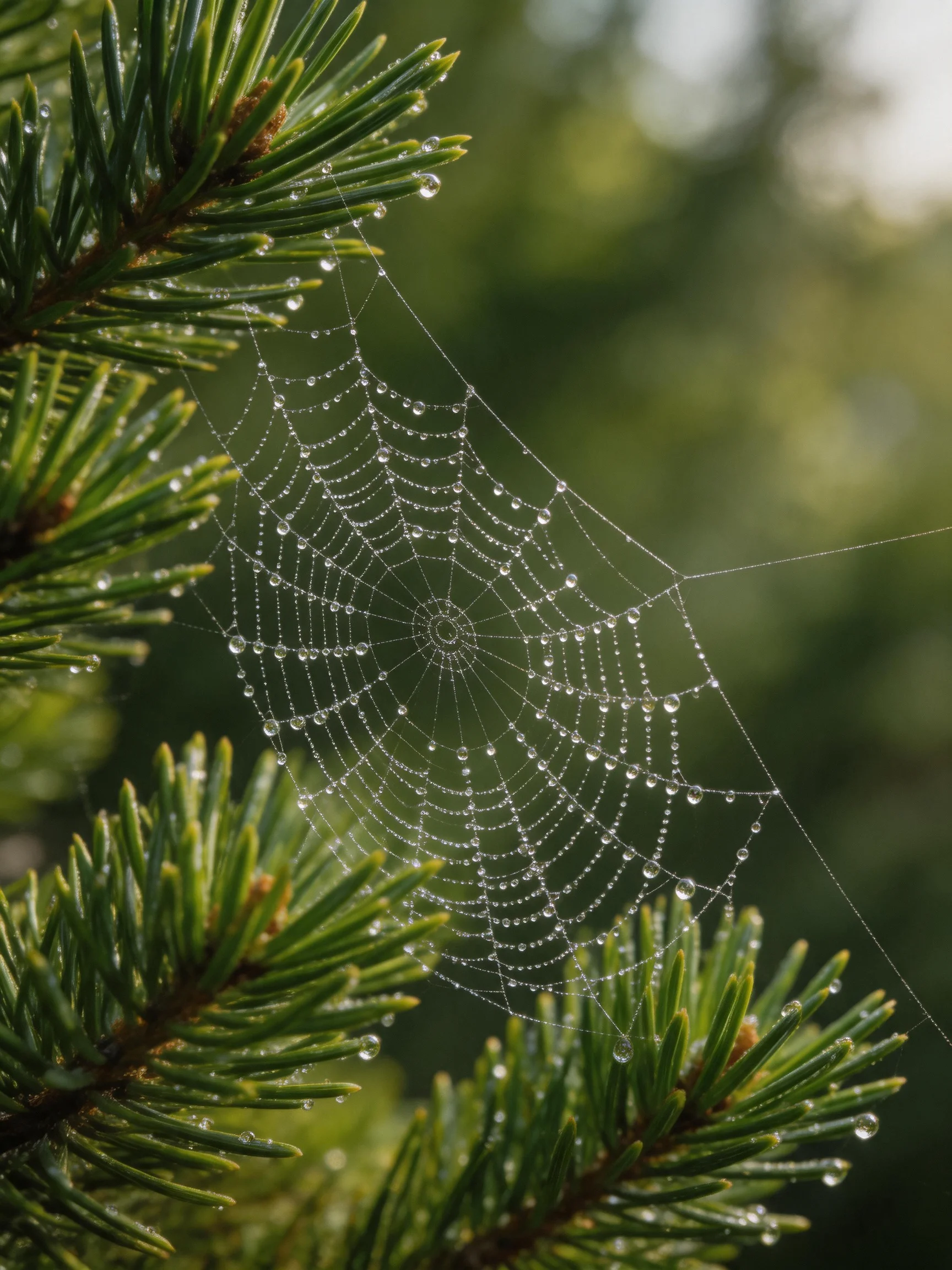 Dew-Covered Spider Web Among Green Pine Foliage