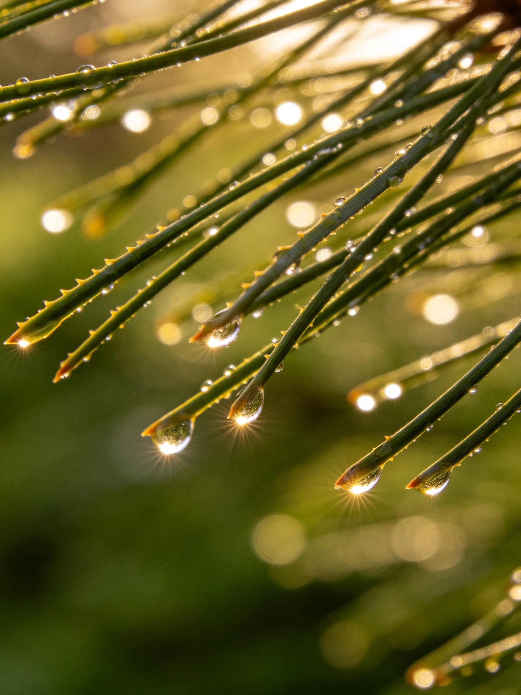Dew Drops Glisten on Pine Needles Under Golden Morning Light