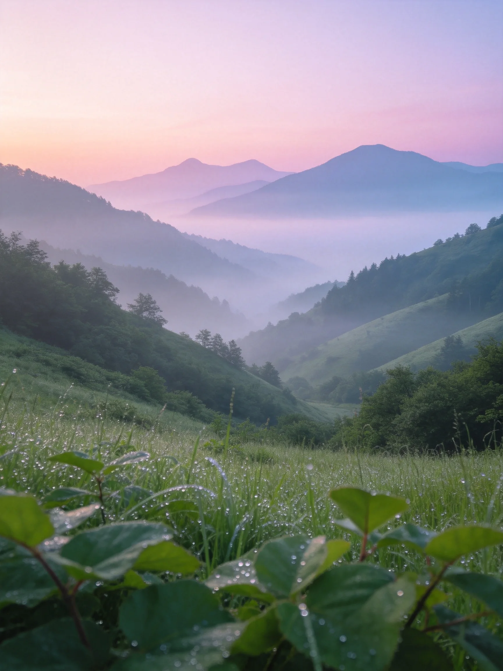 Dew-Kissed Green Fields Among Misty Mountain Valleys at Dawn