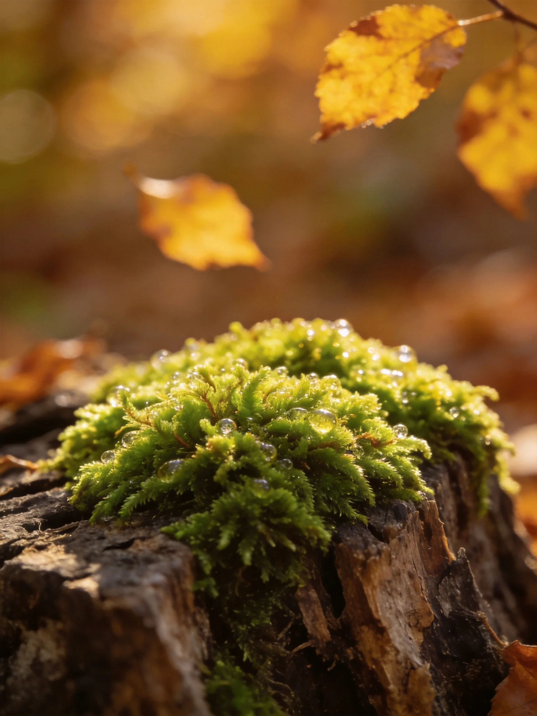 Dew-draped green moss on a weathered tree stump amid golden autumn leaves
