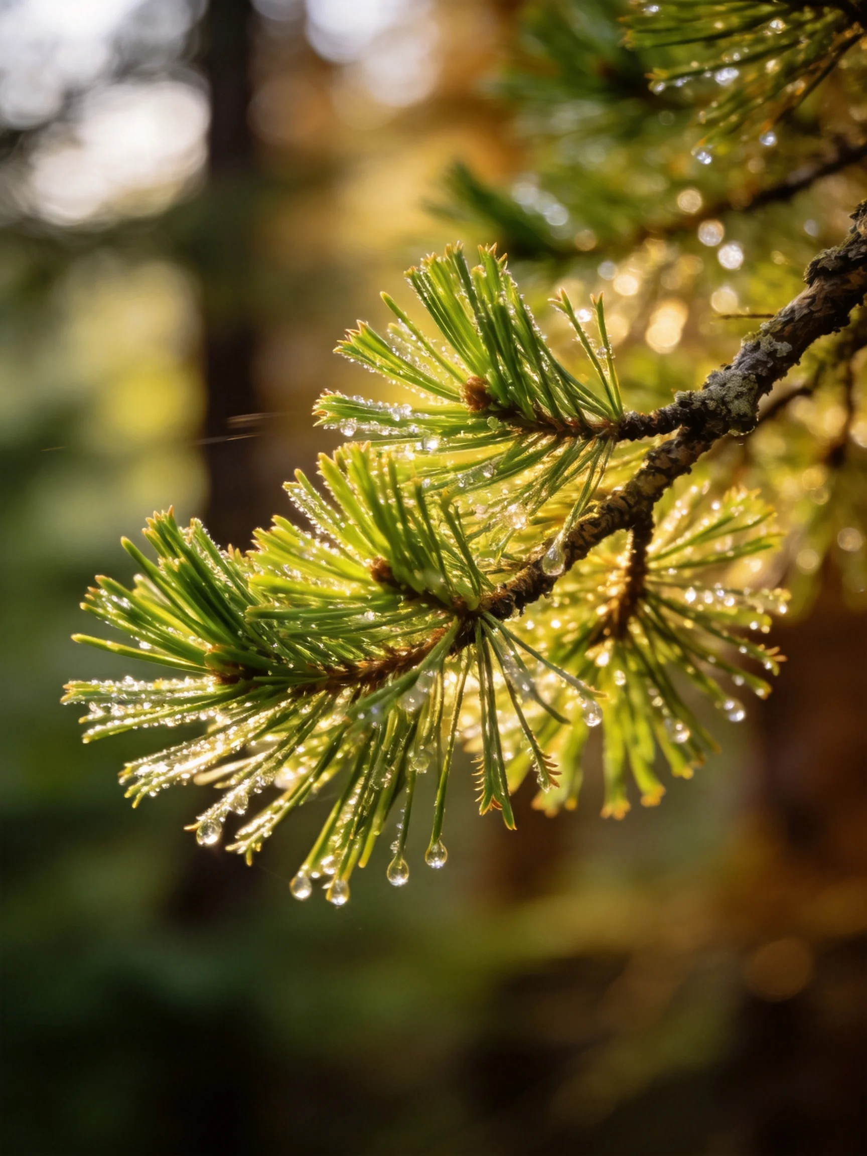 Dew-draped pine needles glisten under golden sunlight