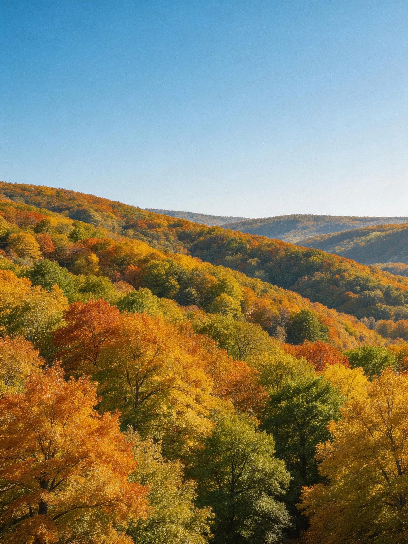 Diverse autumn foliage spreads over rolling hills under clear blue sky