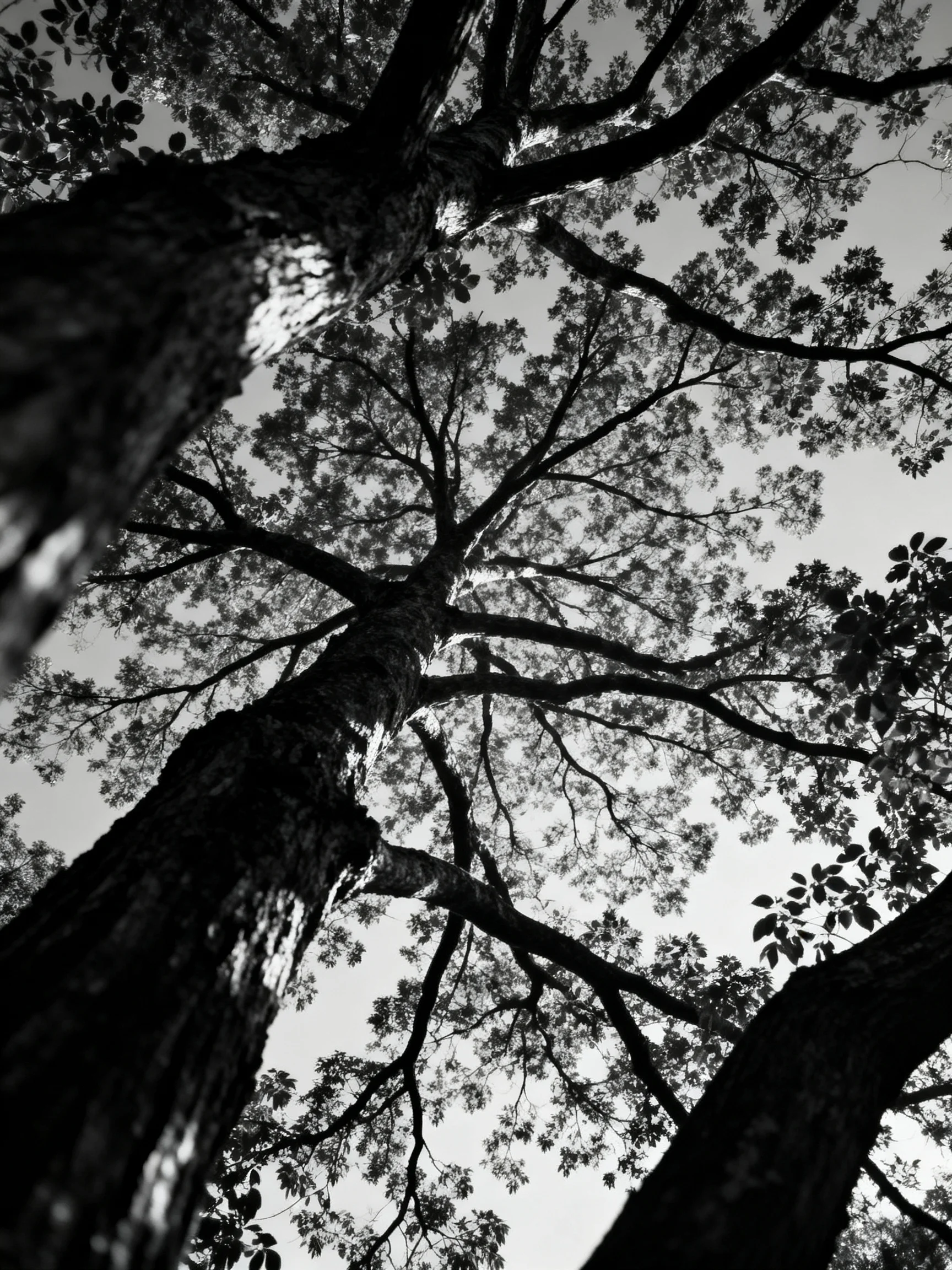 Dramatic Black and White Upward View of Ancient Tree Canopies