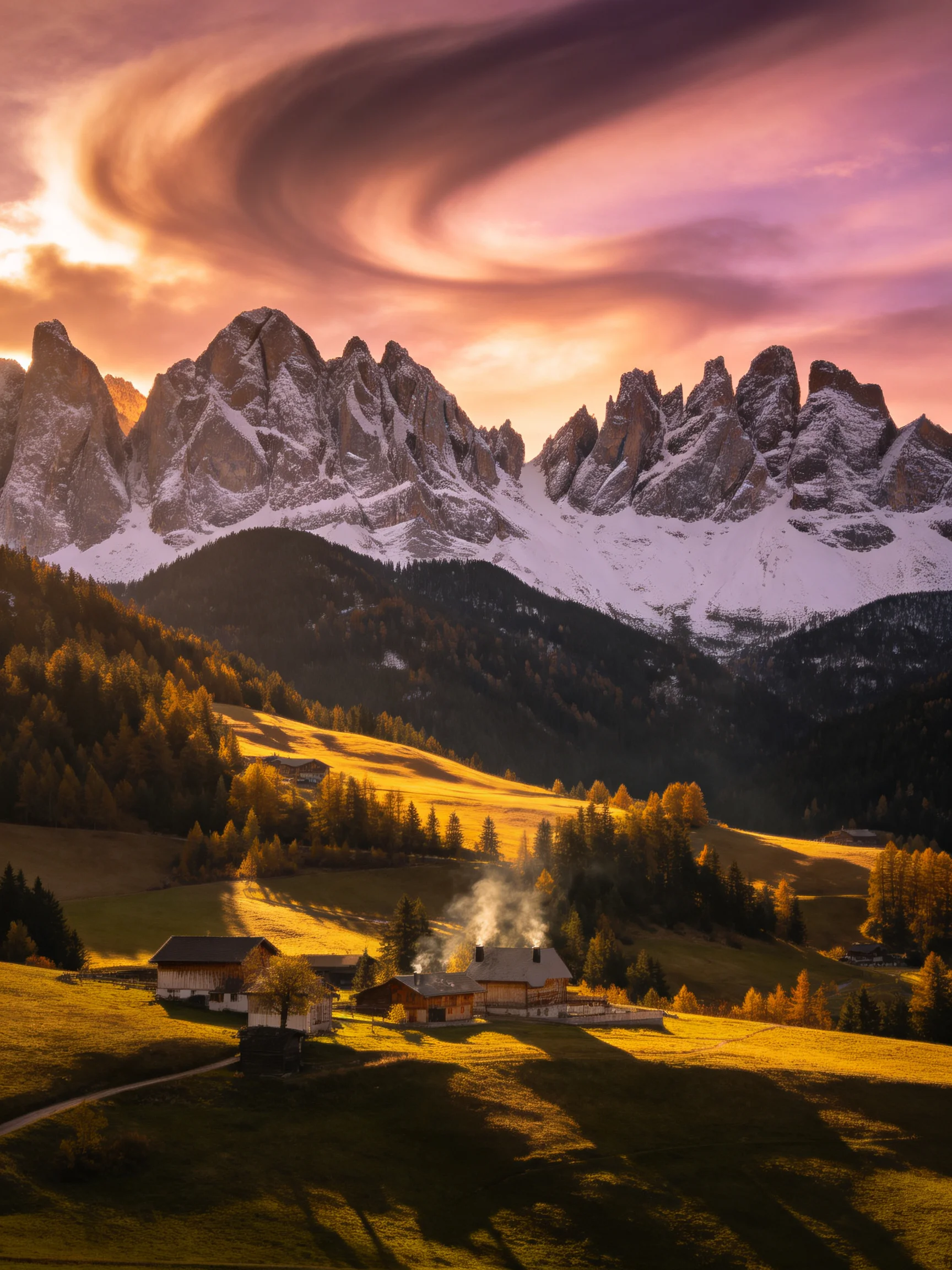 Dramatic Sunset Over Snow-Capped Peaks and Golden Valley Homes