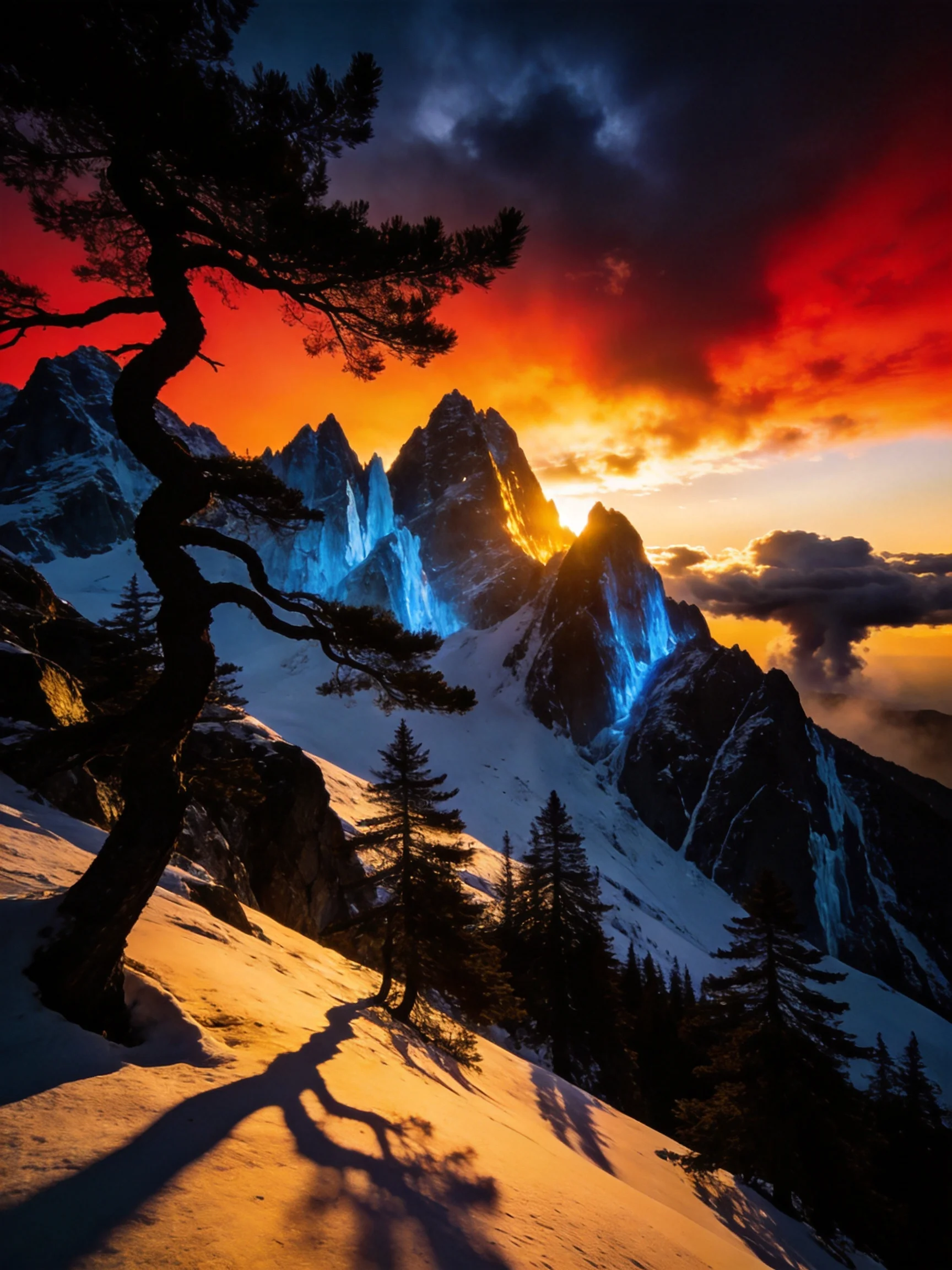 Dramatic mountain landscape with glowing blue ice and fiery sunset