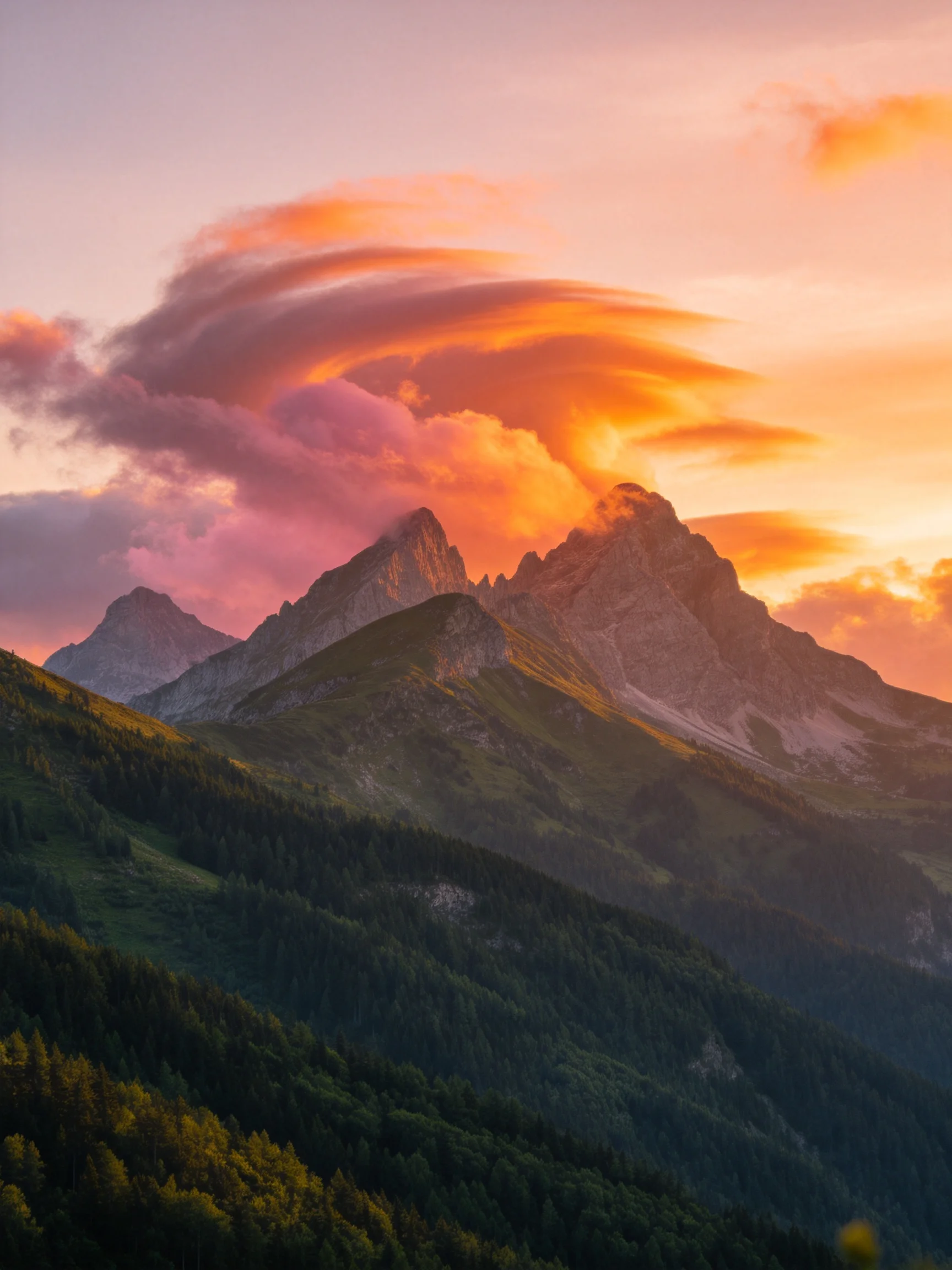 Dramatic mountain peaks beneath vibrant orange-pink sunset clouds