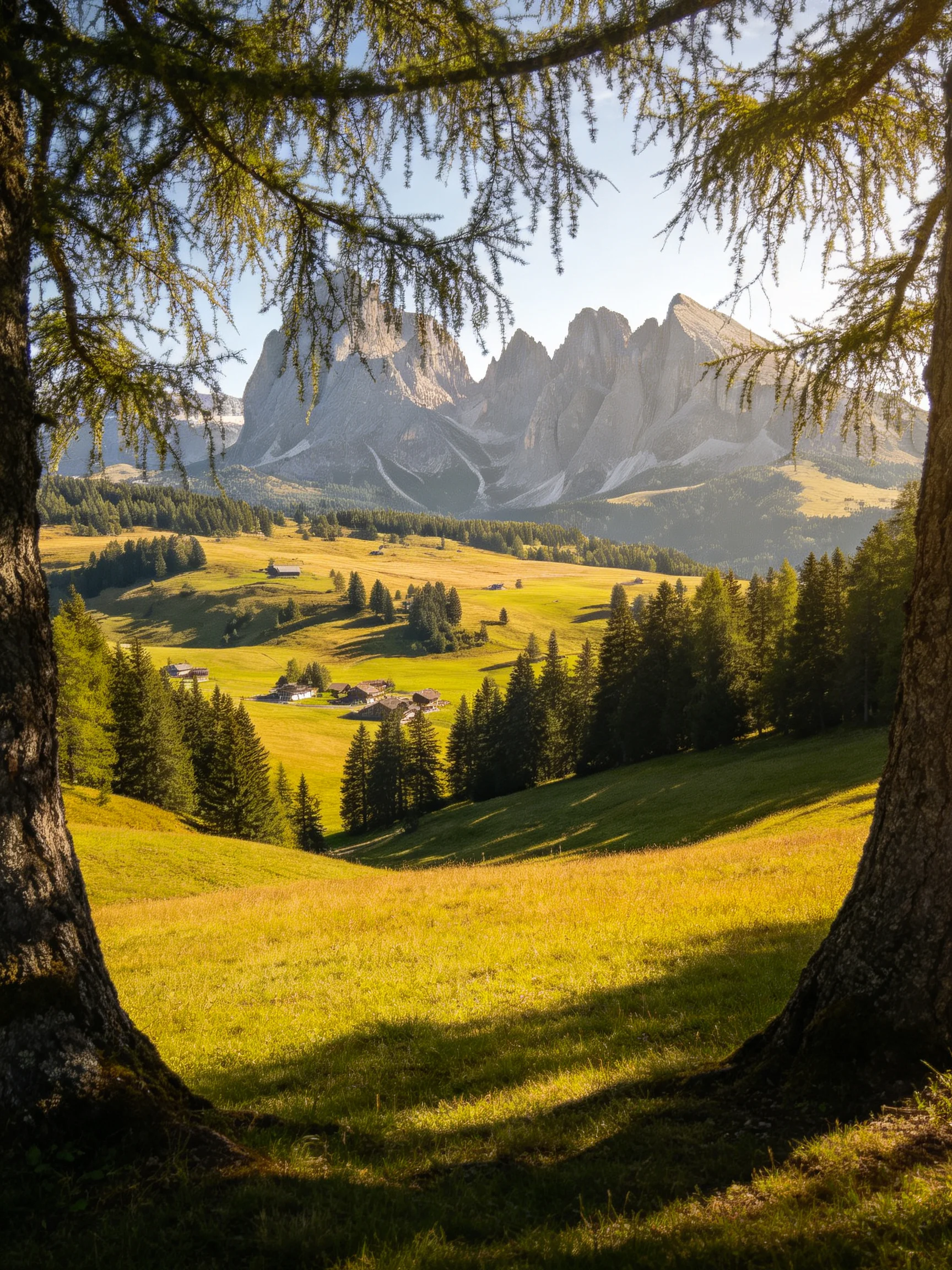 Dramatic mountain peaks frame a golden meadow with scattered homes.