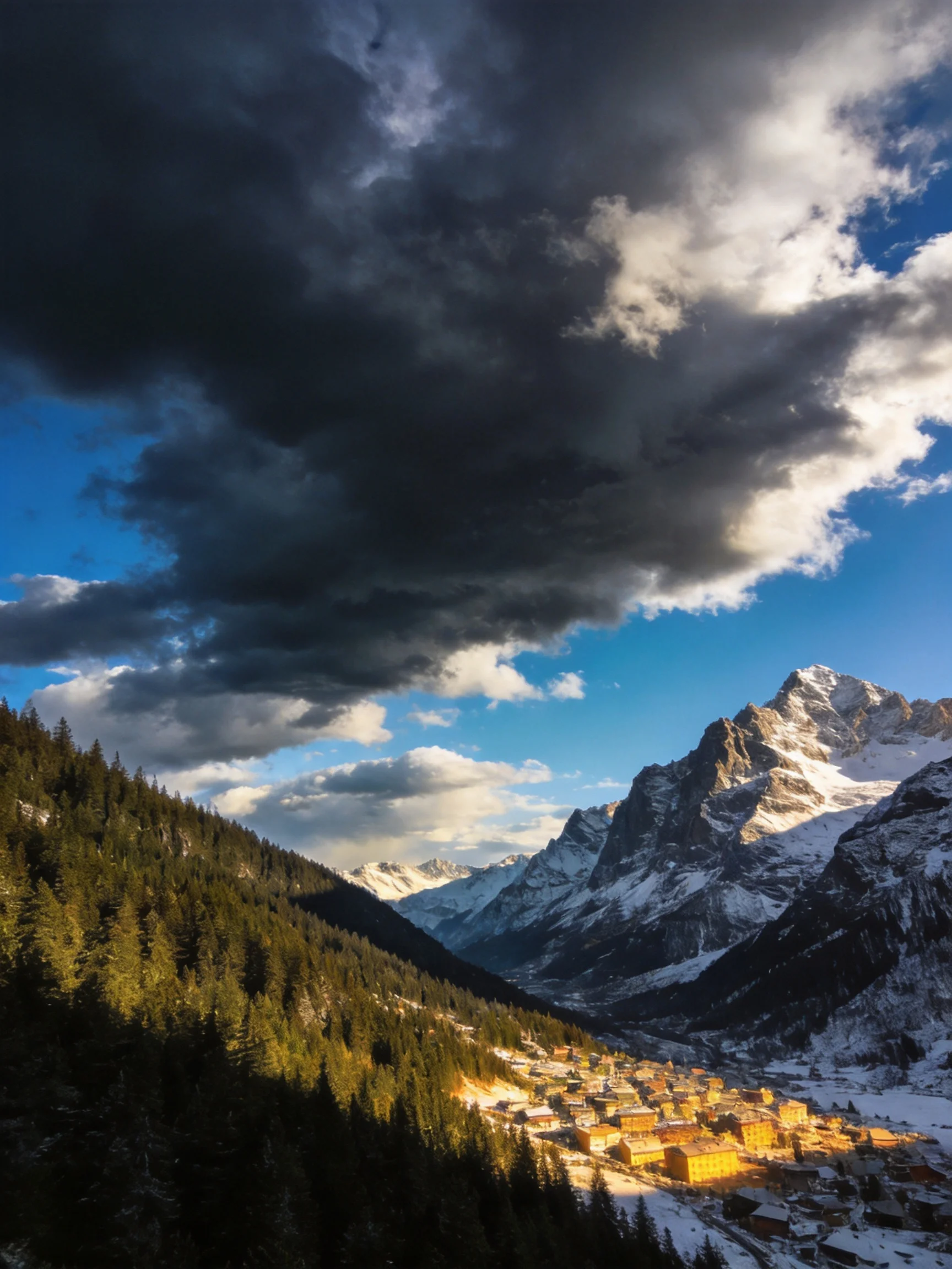 Dramatic sky over snow - capped mountains and golden valley town