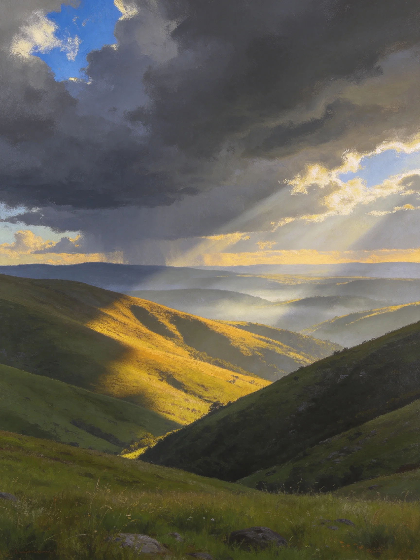 Dramatic storm clouds illuminate sun-drenched rolling green hills