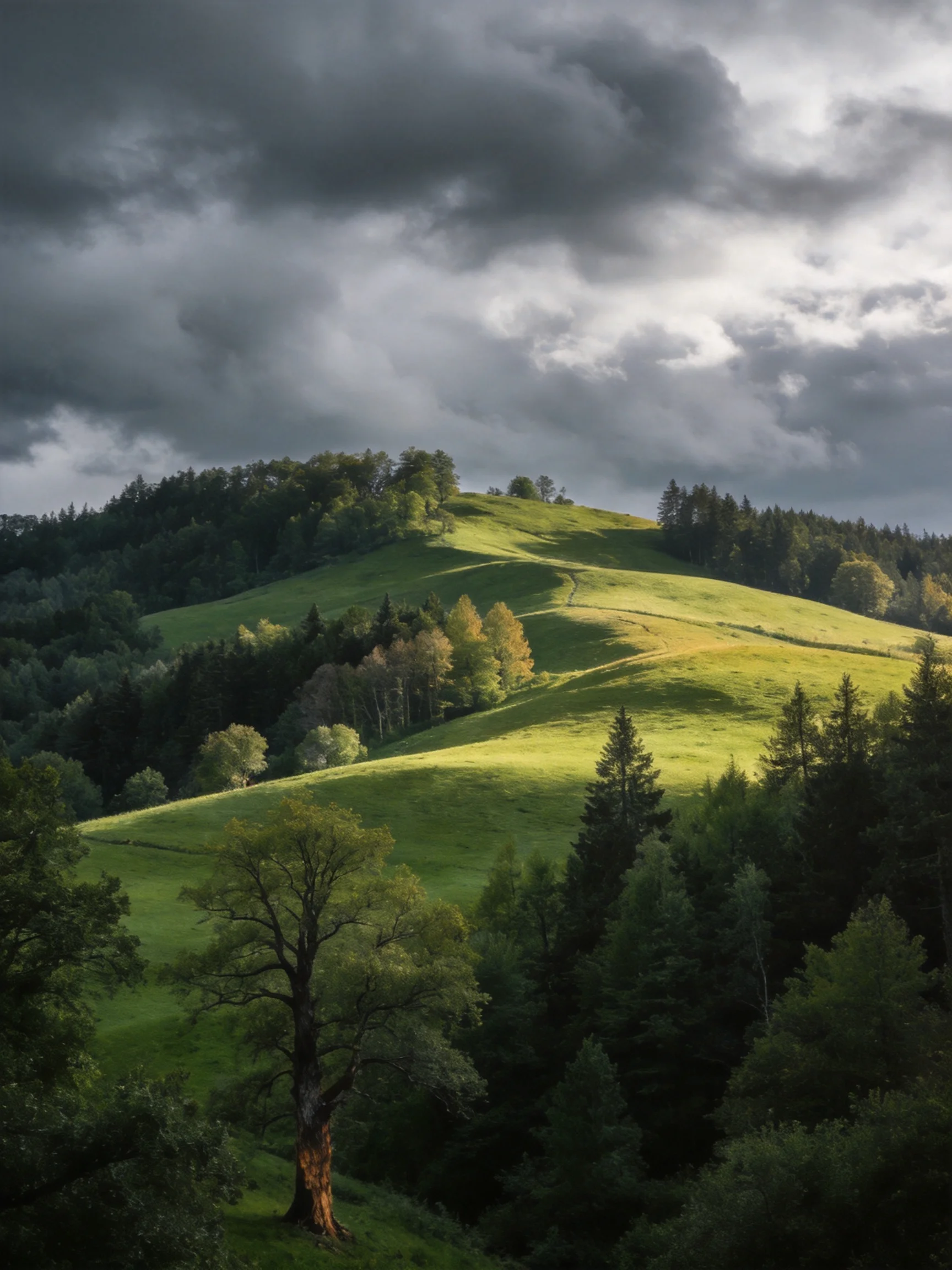 Dramatic storm clouds over rolling green hills and forested slopes