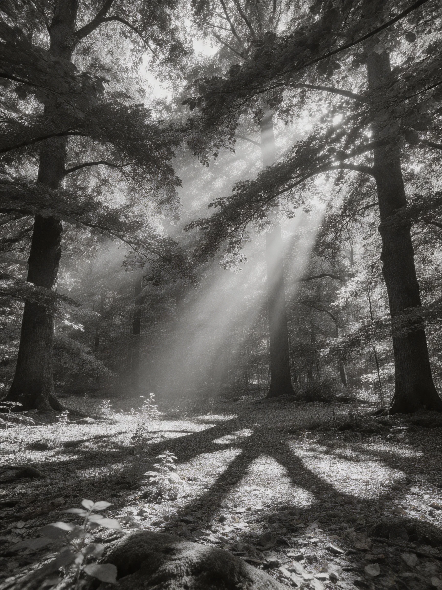 Dramatic sunbeams illuminate a misty forest of towering trees