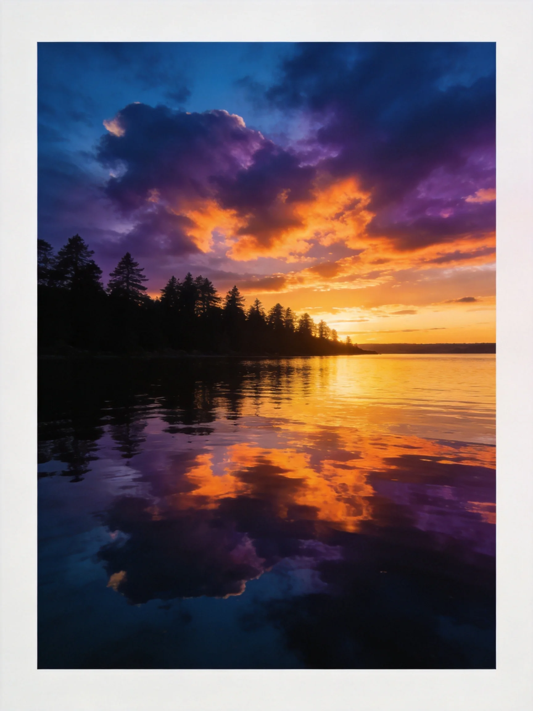 Dramatic sunset clouds reflect on calm lake with forest silhouette