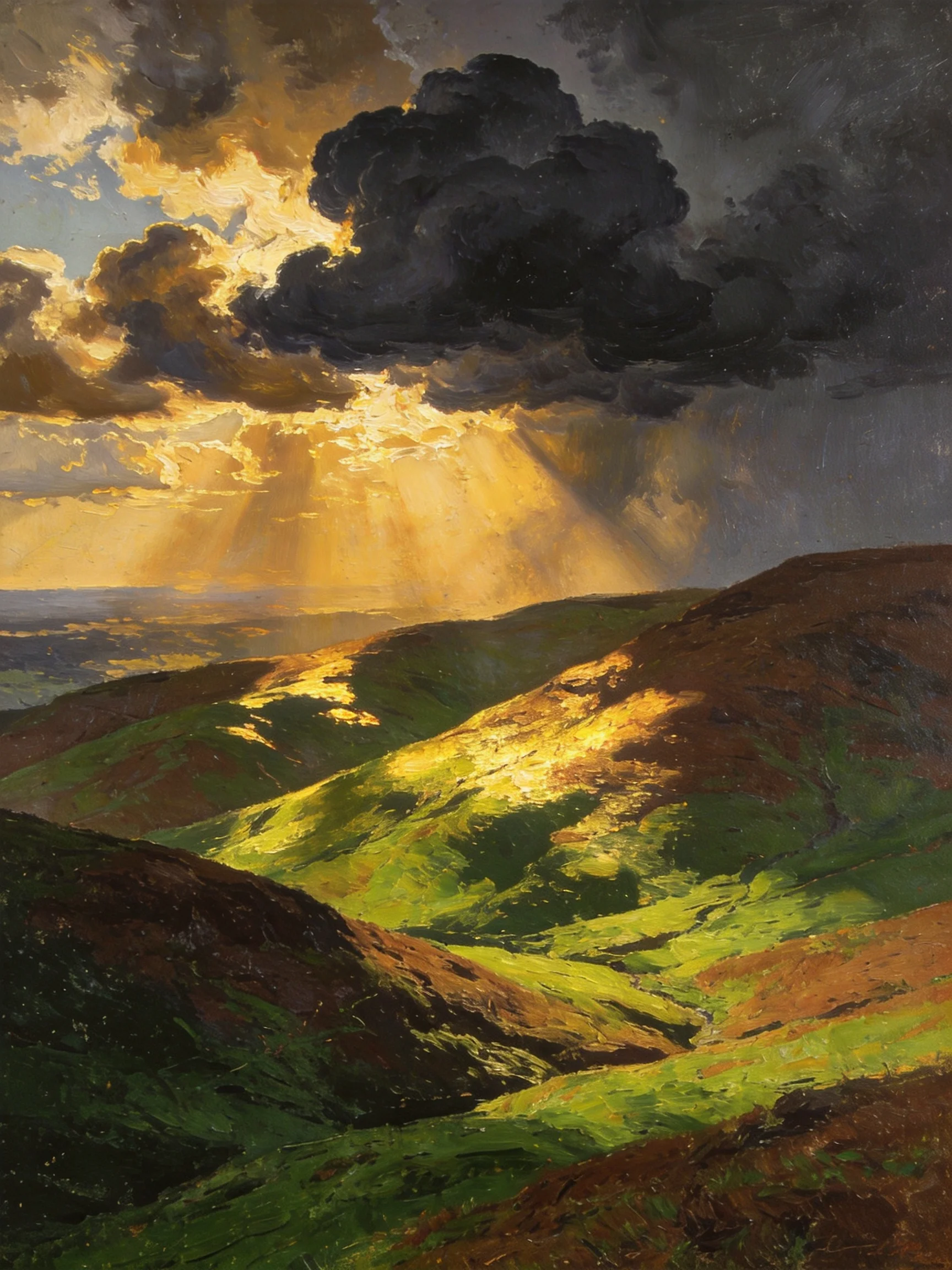 Dramatic sunset illuminating rolling green hills with golden sunbeams