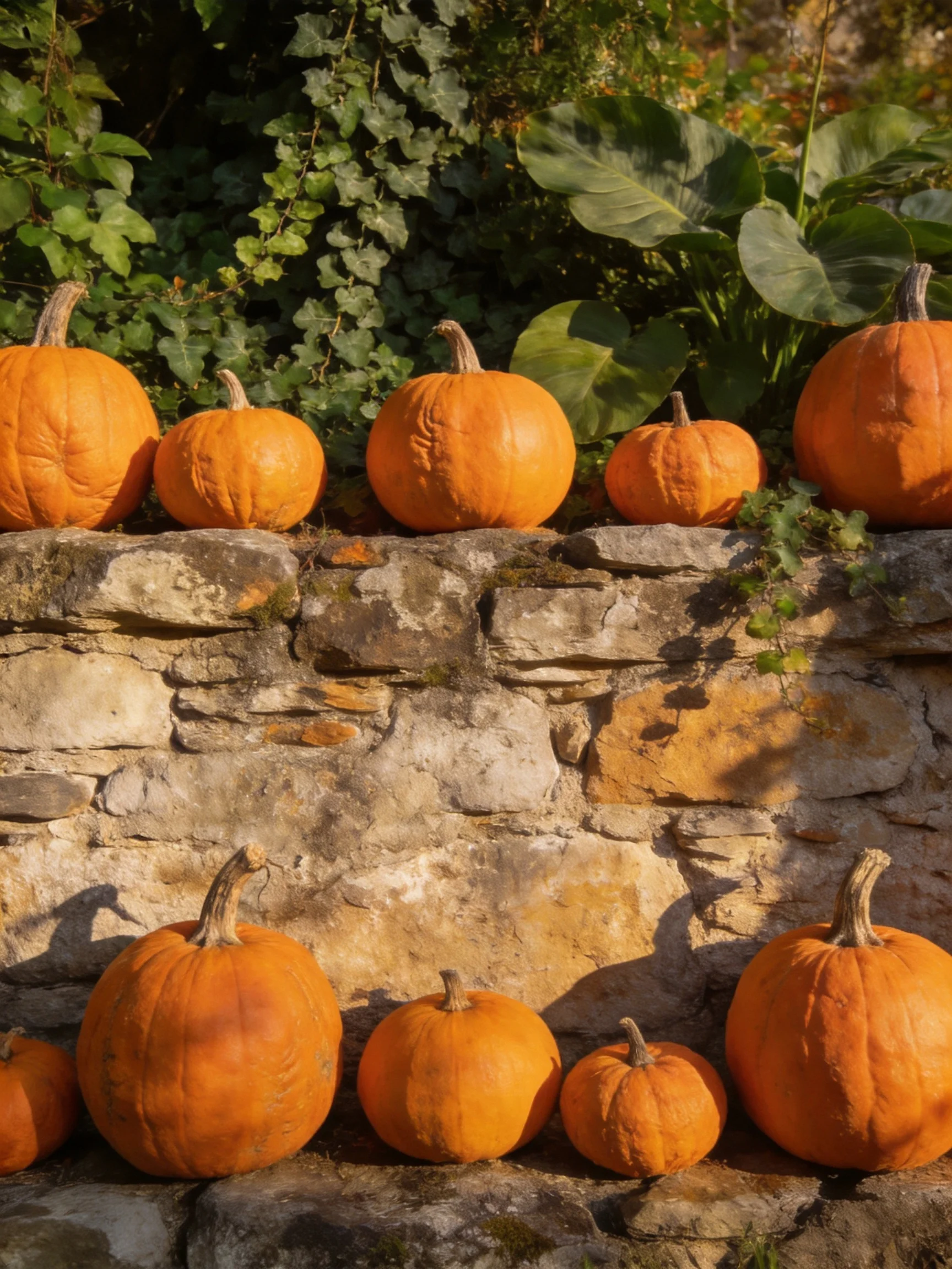 Eleven vibrant orange pumpkins beside a weathered stone wall with greenery