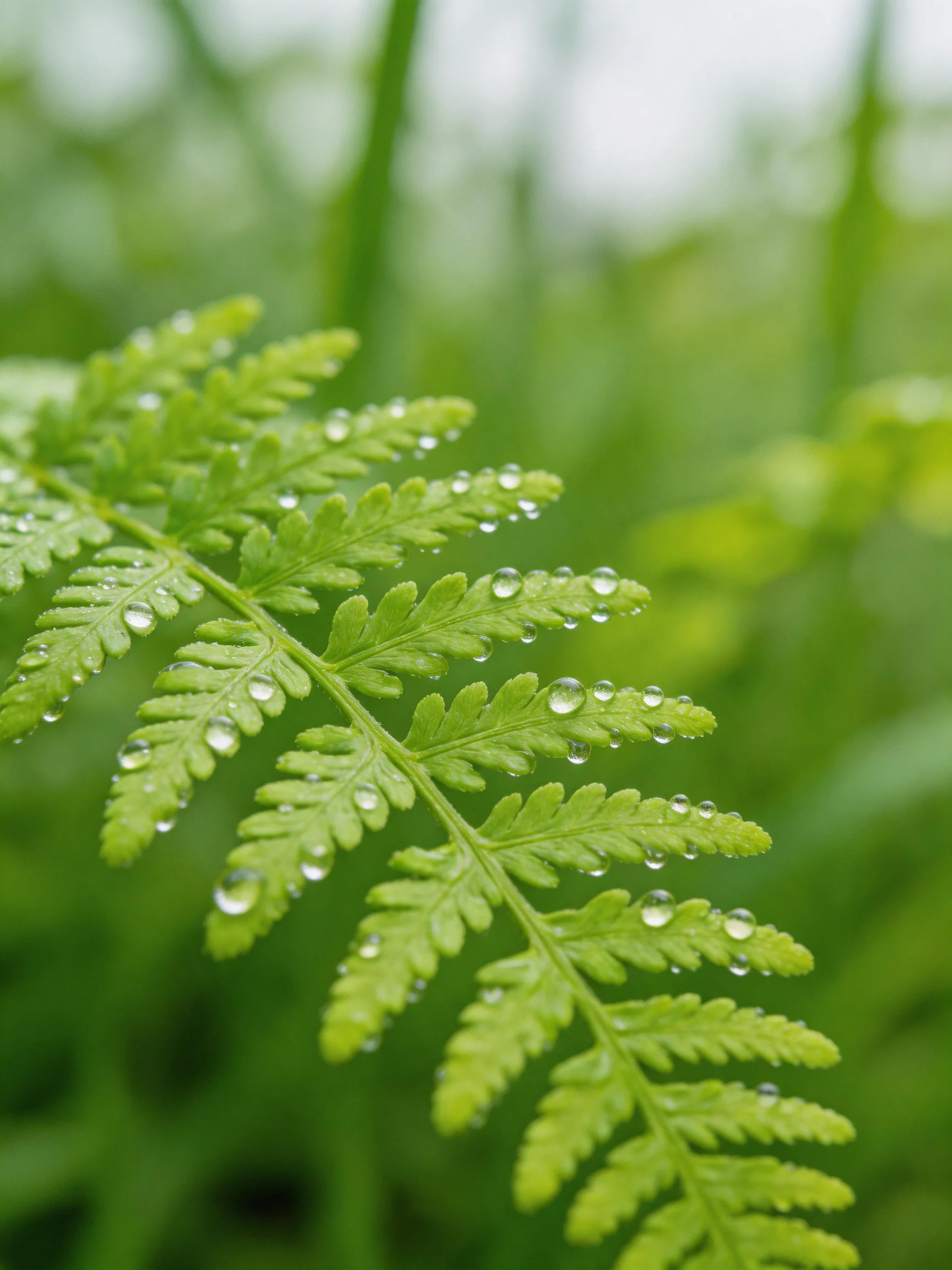 Fern frond with glistening dewdrops in lush greenery