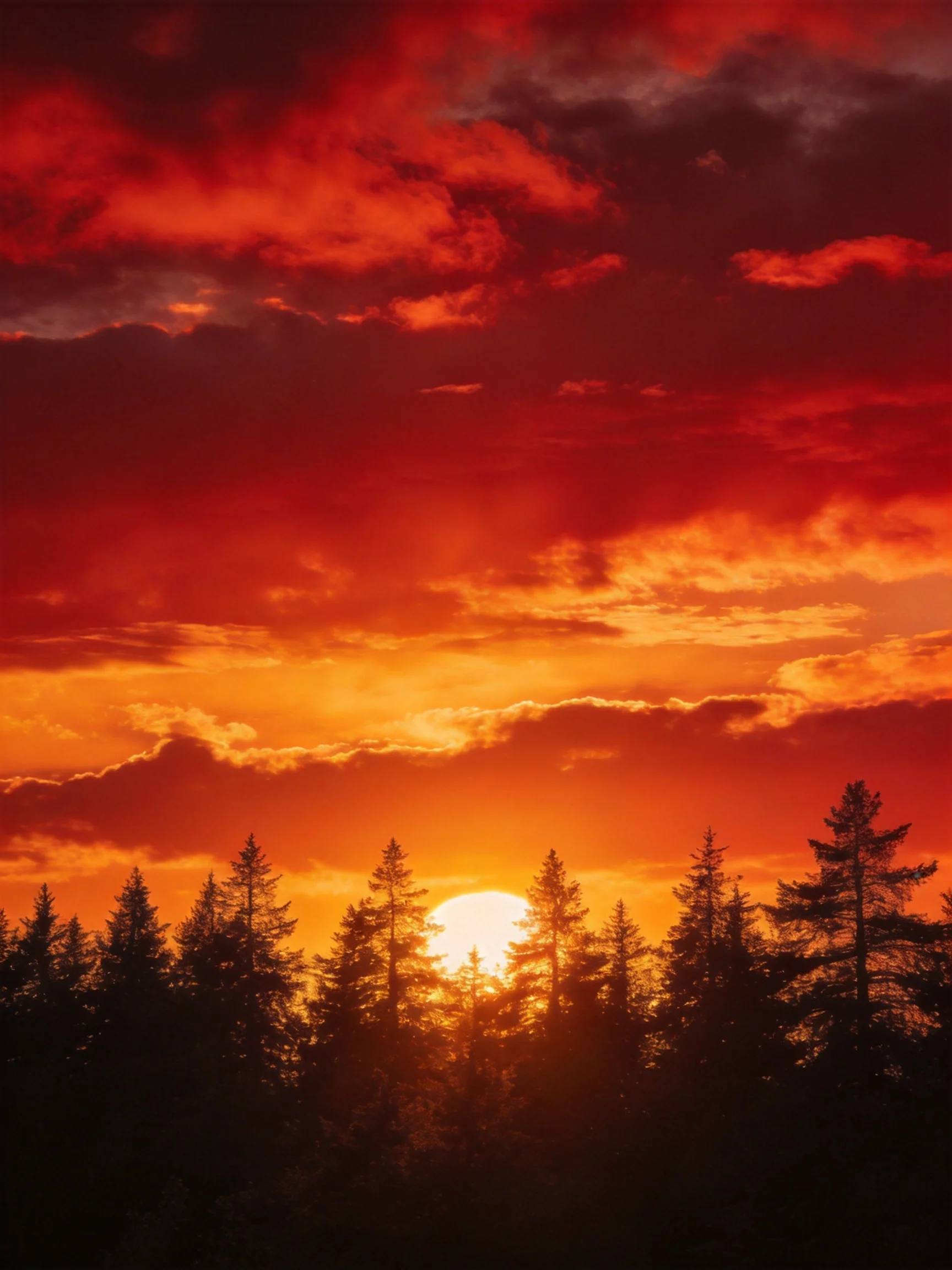 Fiery sunset sky over dark forest silhouette