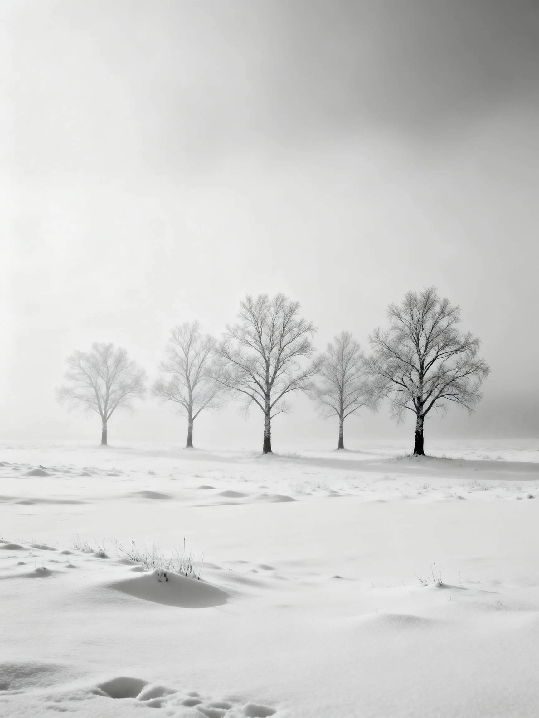 Five bare trees stand in a snowy field under overcast skies