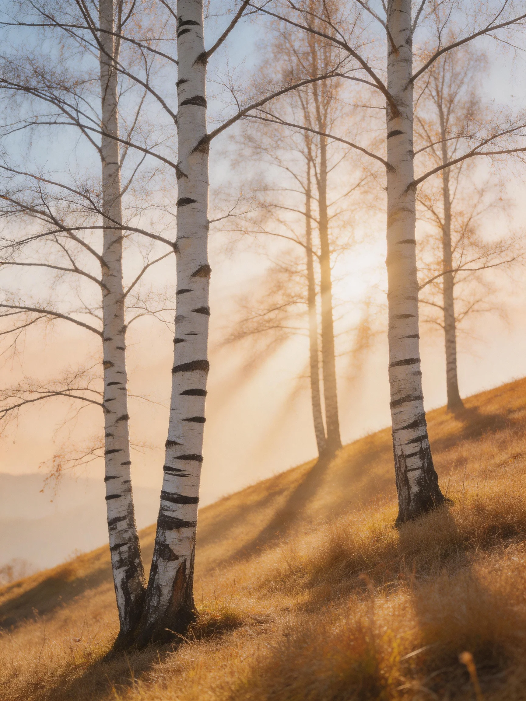 Five birch trees stand amid golden grass with sunbeams streaming through