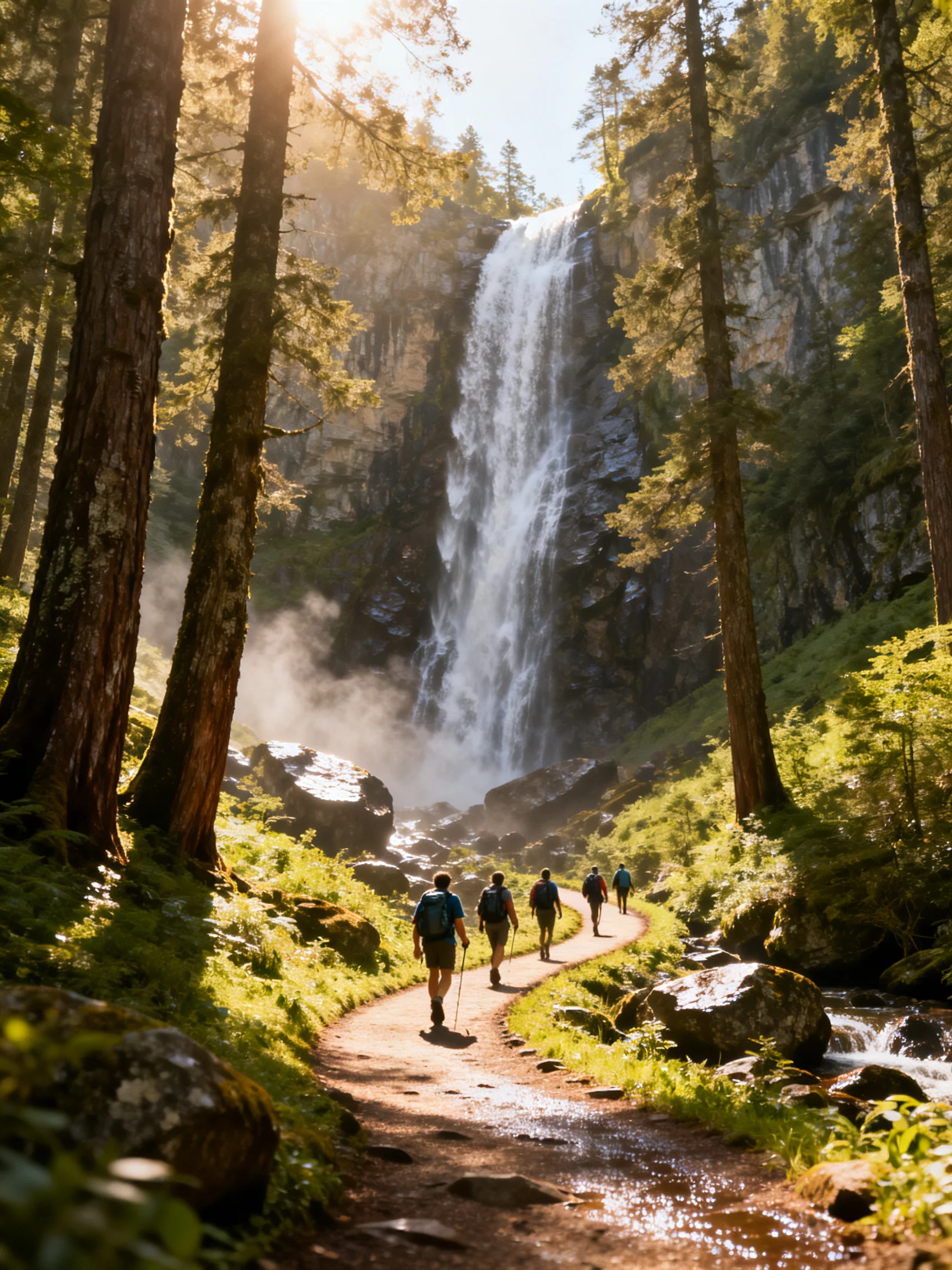 Five hikers walk along a forest trail beside a towering waterfall
