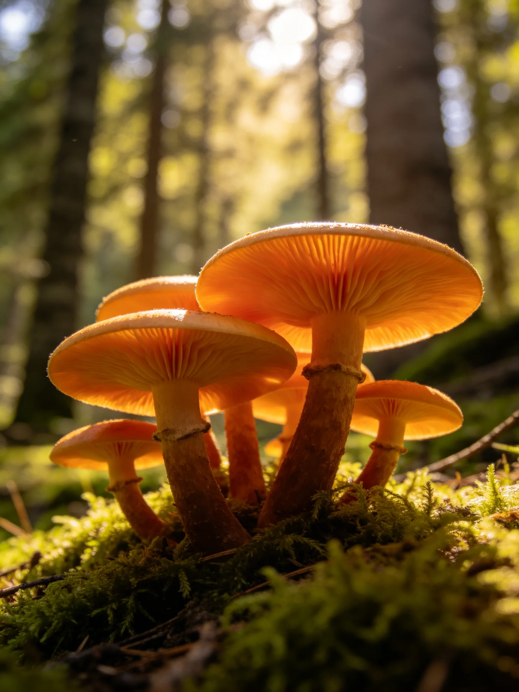 Five orange mushrooms cluster on mossy ground amid tall trees
