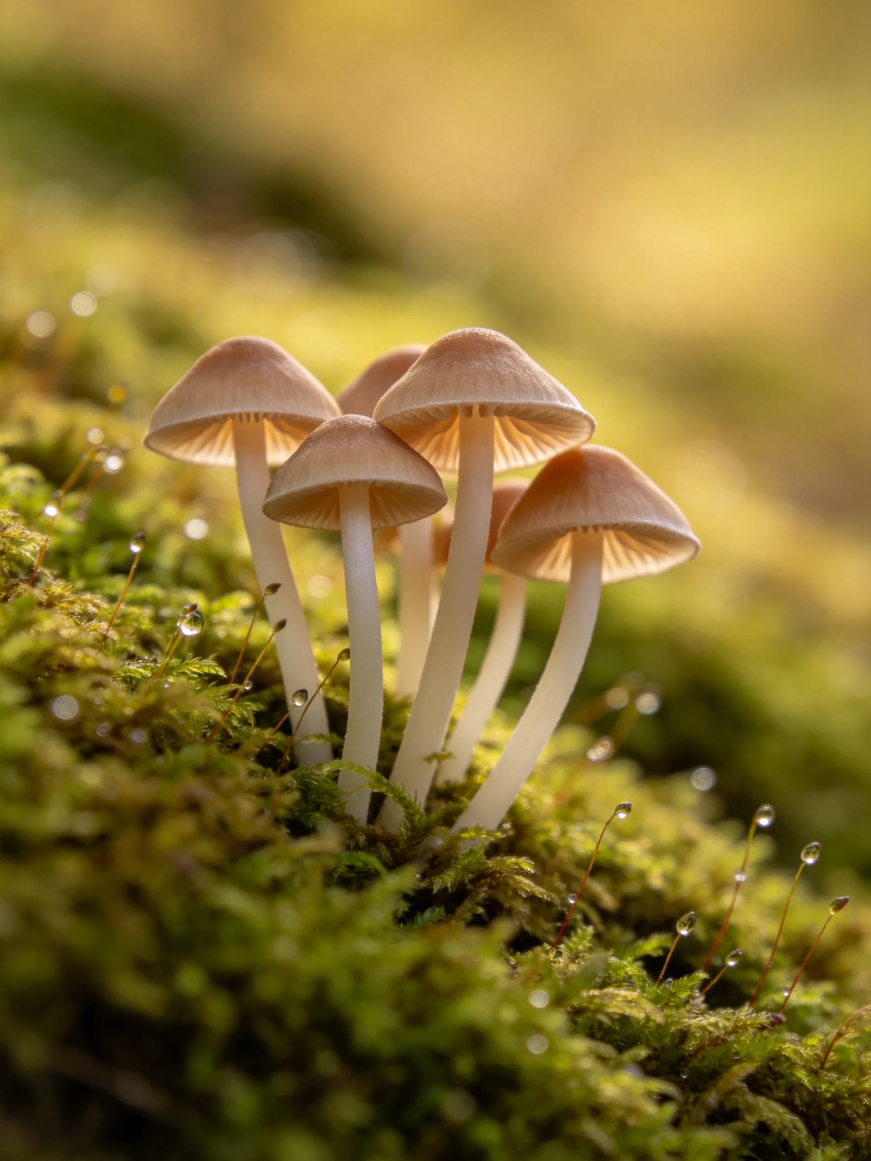 Five pale-capped mushrooms cluster on lush green moss with dew droplets