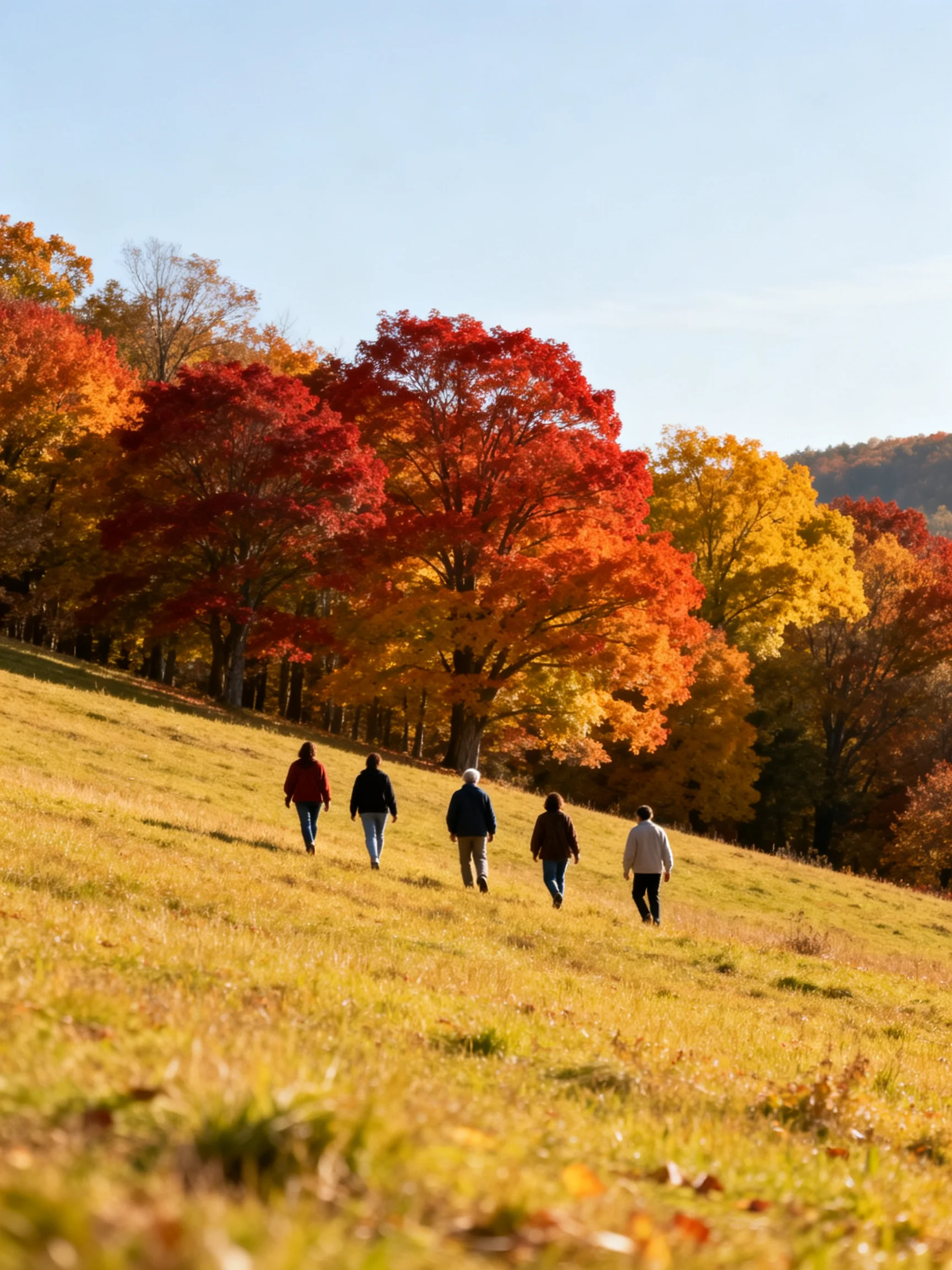 Five people walk along a golden hillside beneath vibrant fall trees