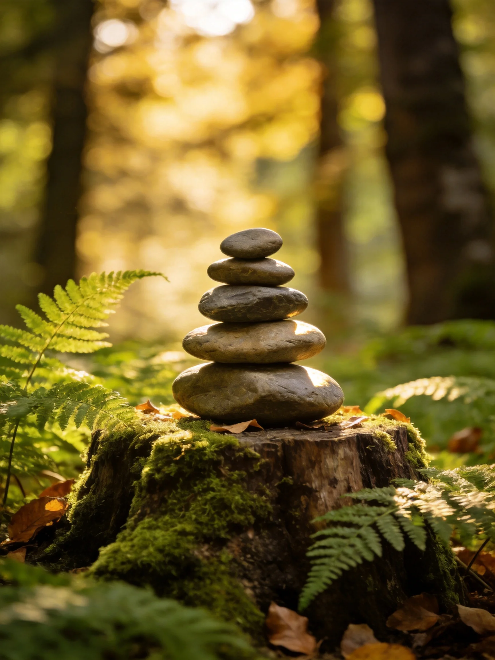 Five smooth stones stacked atop a moss-covered tree stump in a sunlit forest