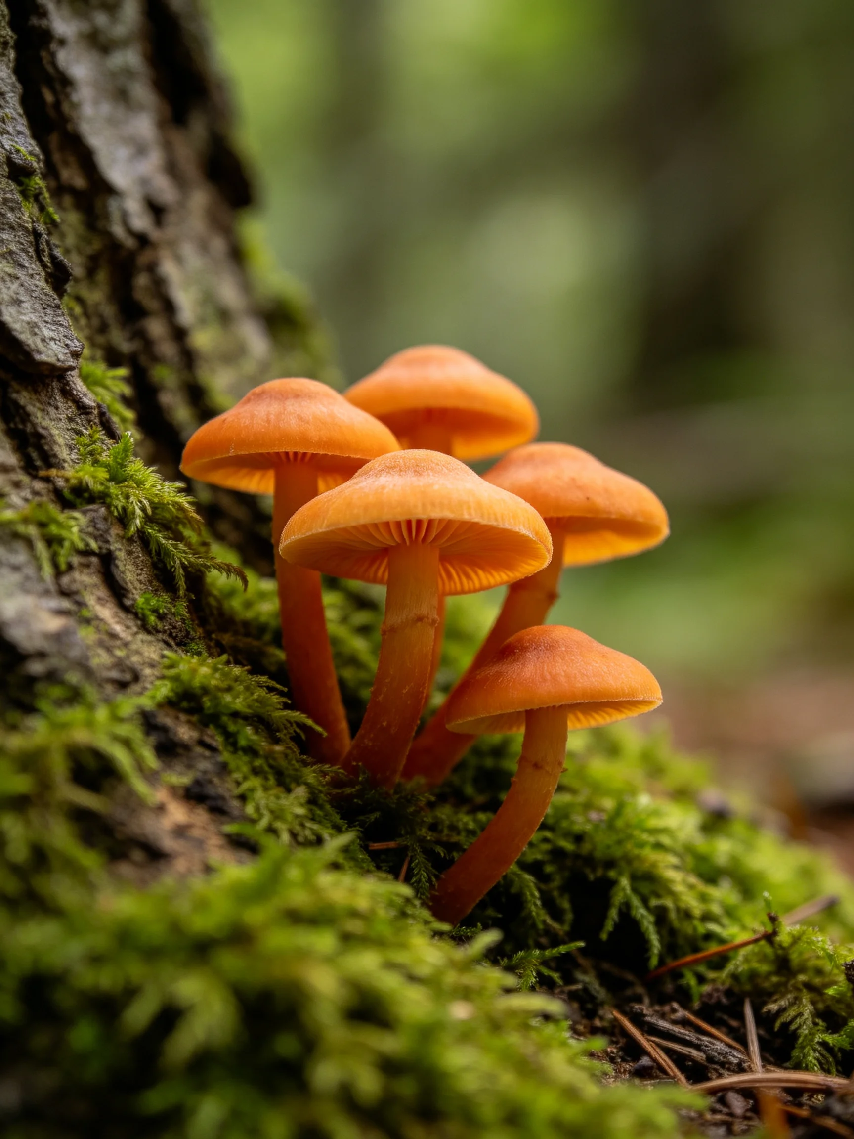 Five vibrant orange mushrooms cluster by a moss-covered tree trunk