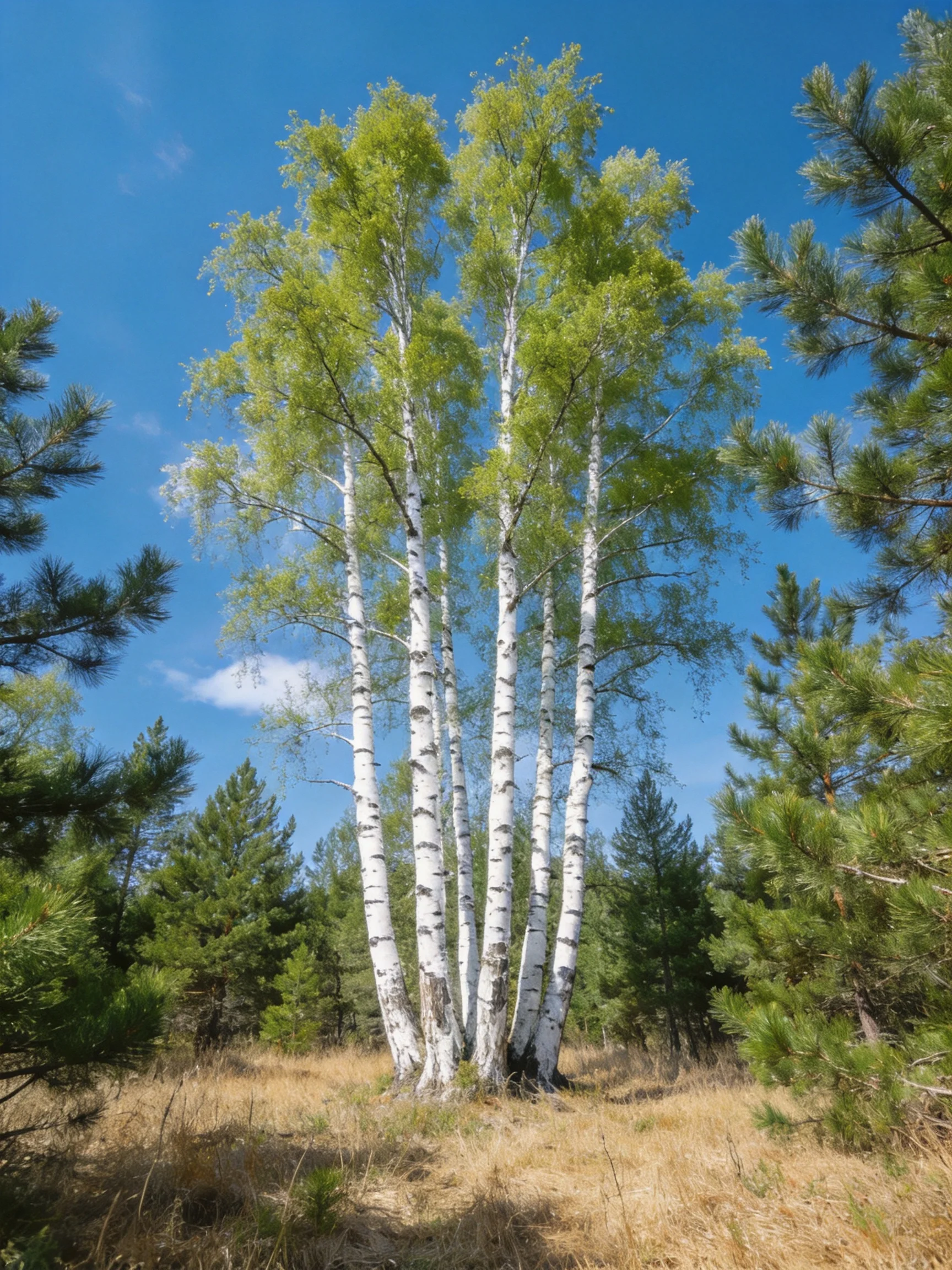 Five white-barked birches stand among green pines under bright blue sky