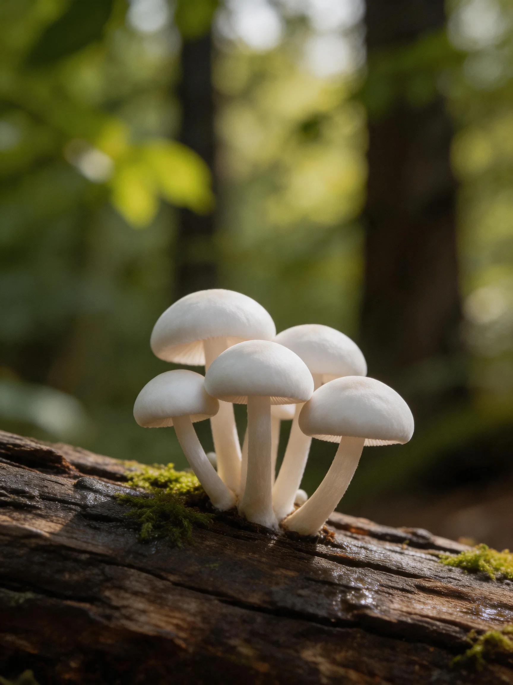 Five white mushrooms cluster on a mossy forest log