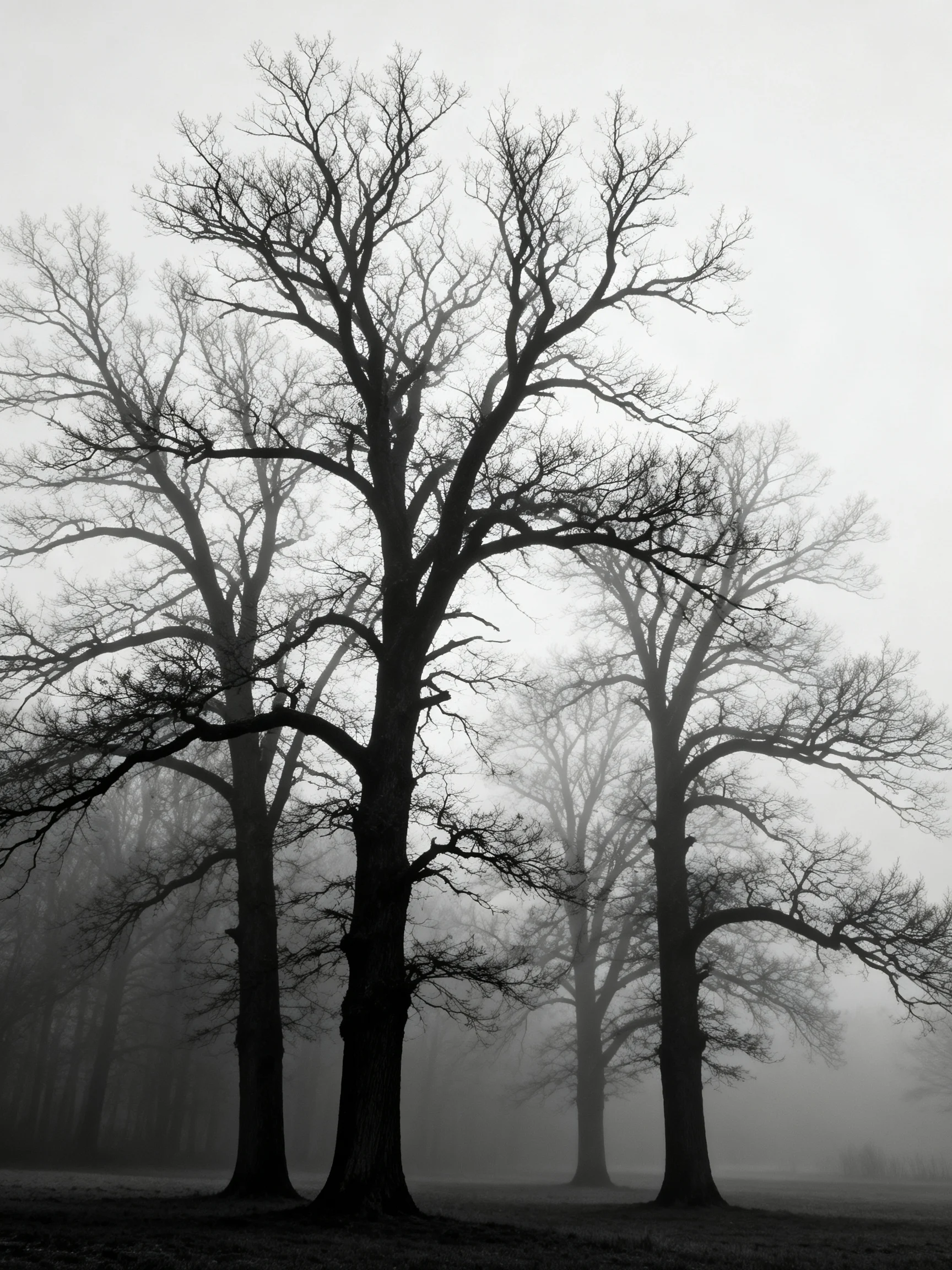 Fog-Shrouded Grove: Silhouetted Bare Trees in Monochrome