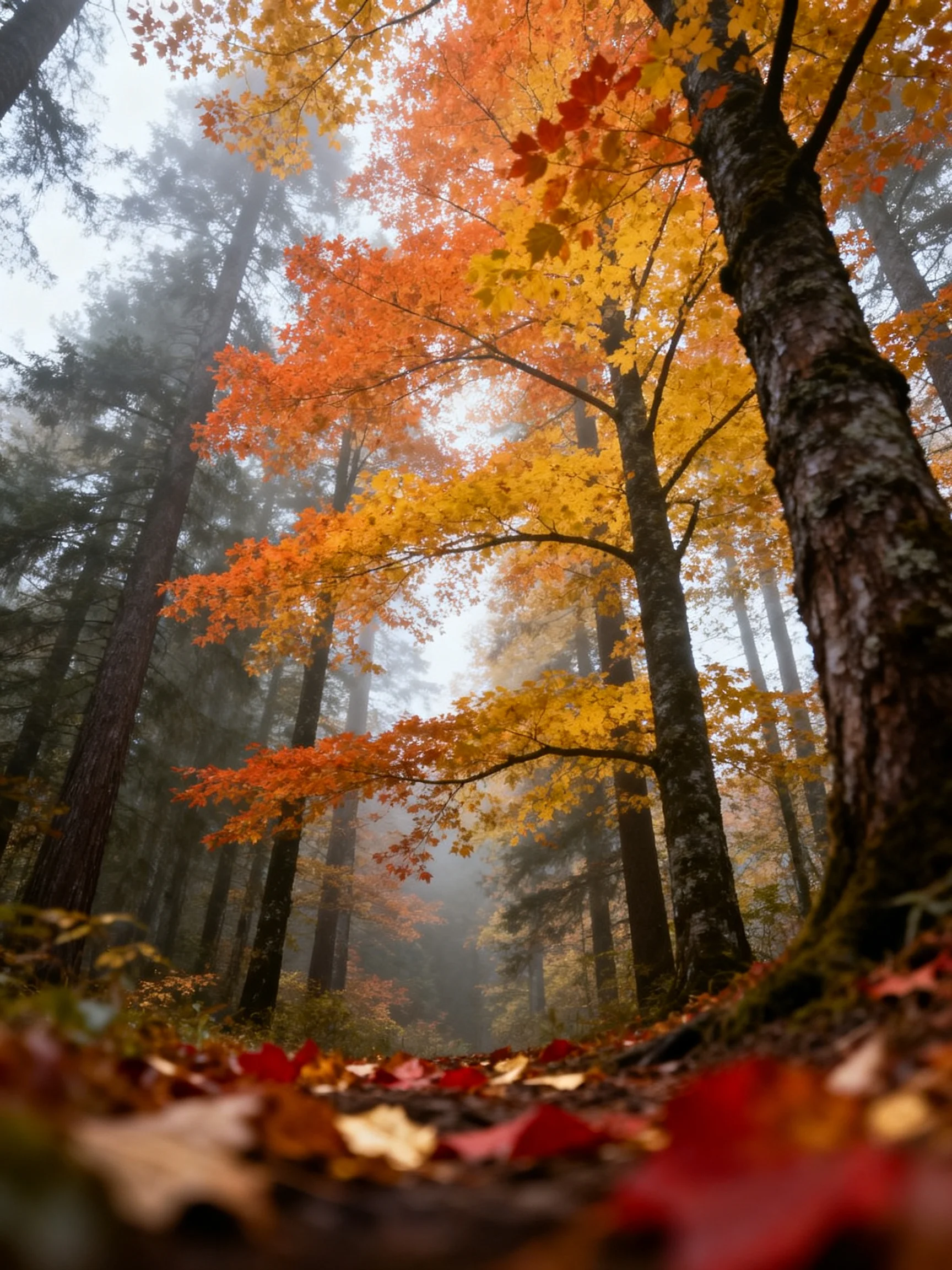 Foggy autumn forest with vibrant orange and yellow foliage