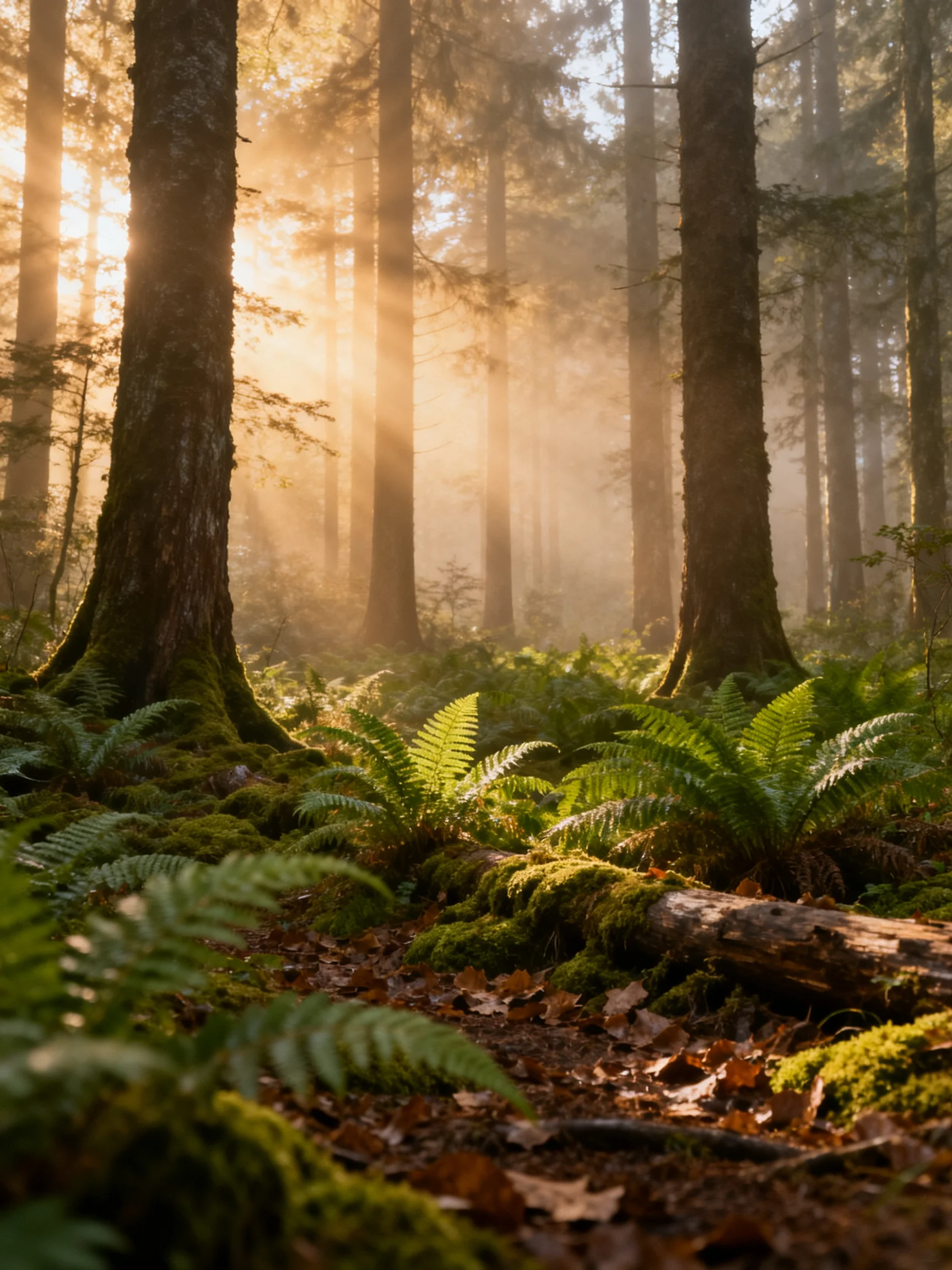 Foggy forest with tall trees and ferns lit by golden sunlight