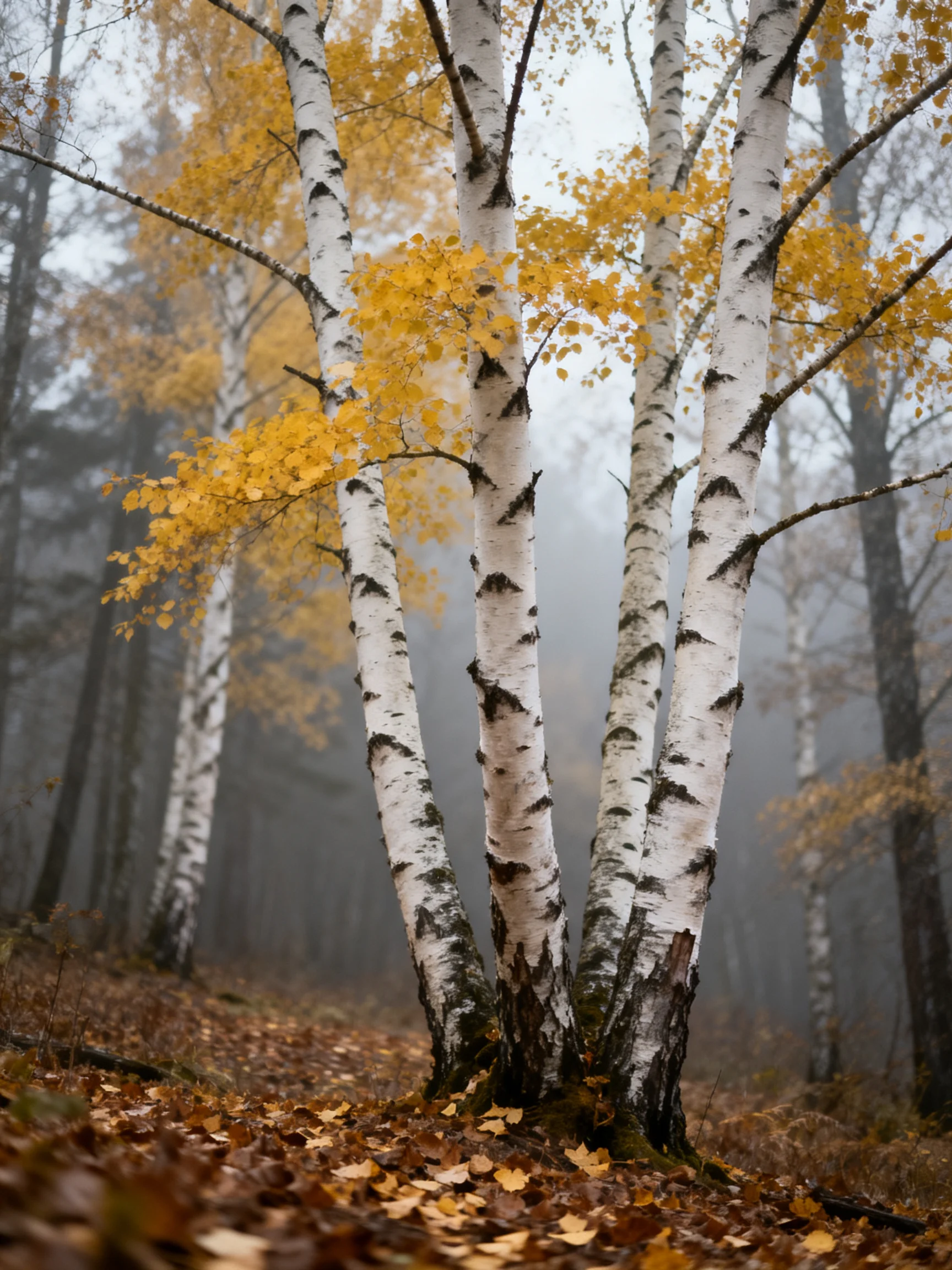 Foggy forest with white-barked birches and golden autumn foliage