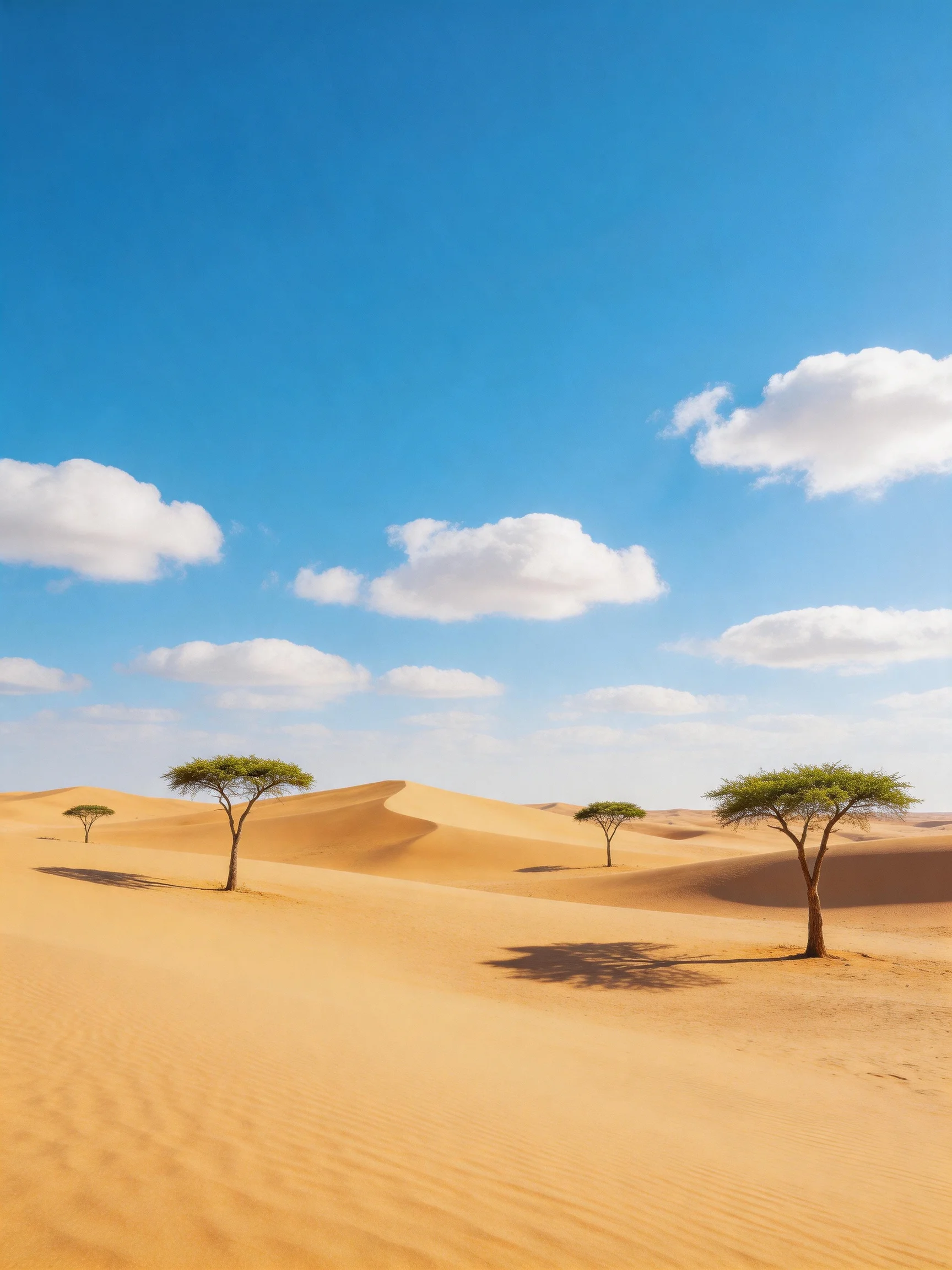 Four acacia trees amid golden sand dunes under bright blue sky