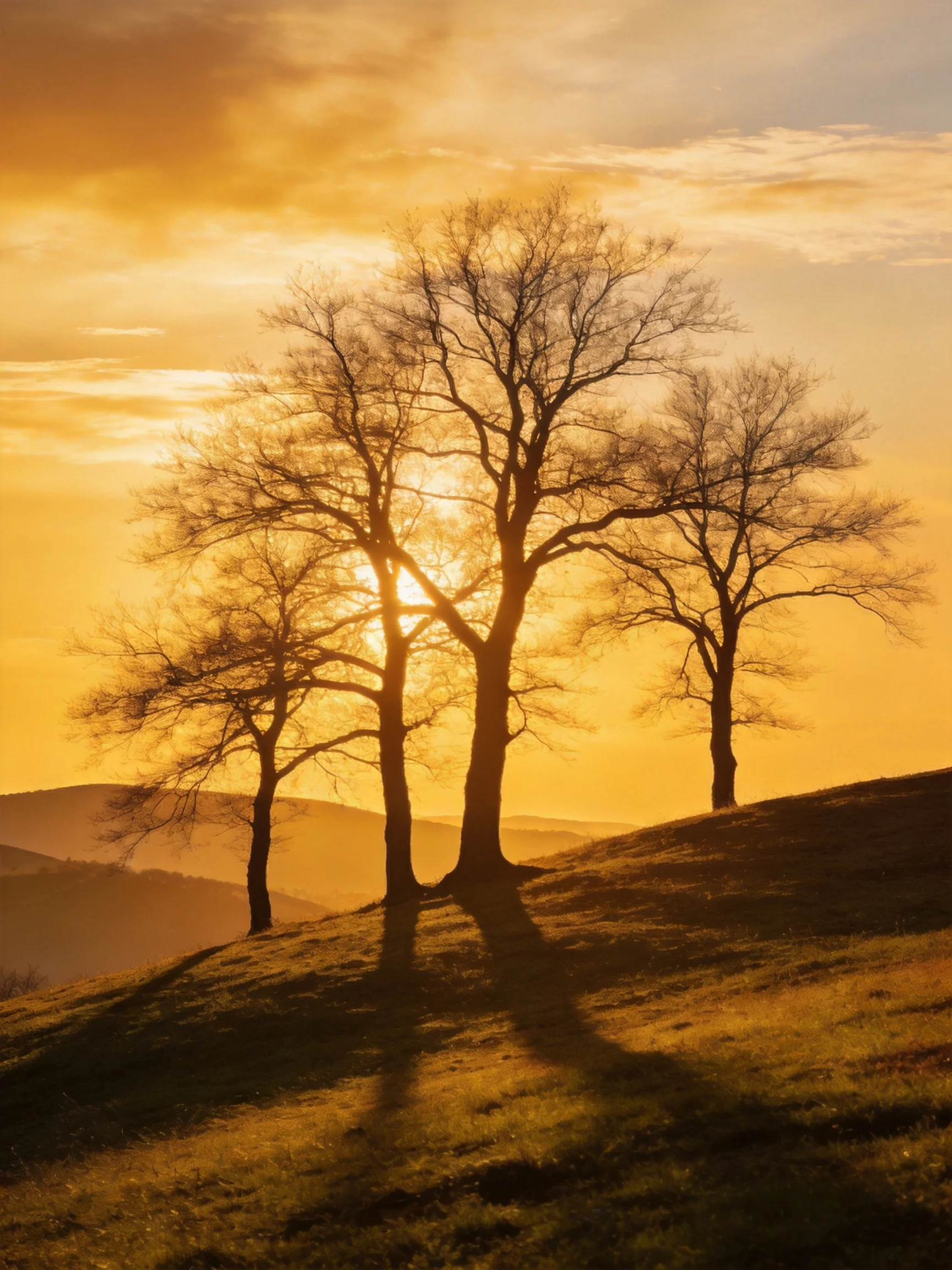 Four bare trees silhouetted against a golden sunset on a grassy hill