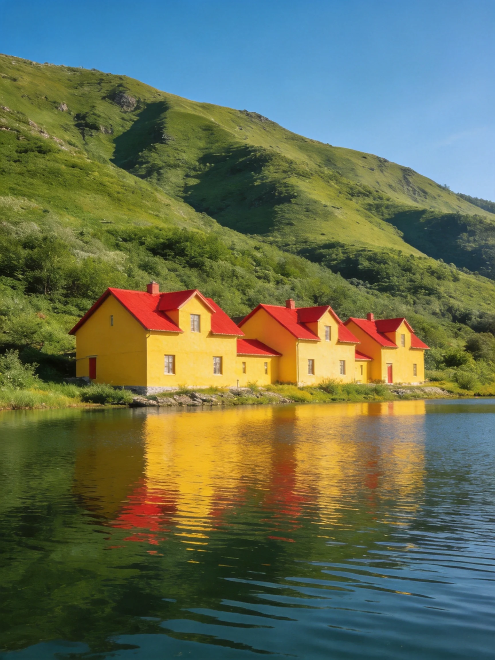 Four bright yellow houses with red roofs by calm waters and green mountains